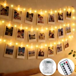 Veranti - Photo Clip String Lights with Remote, 50 LEDs, 30 Clips and 10 Hooks, 5 m - Warm White