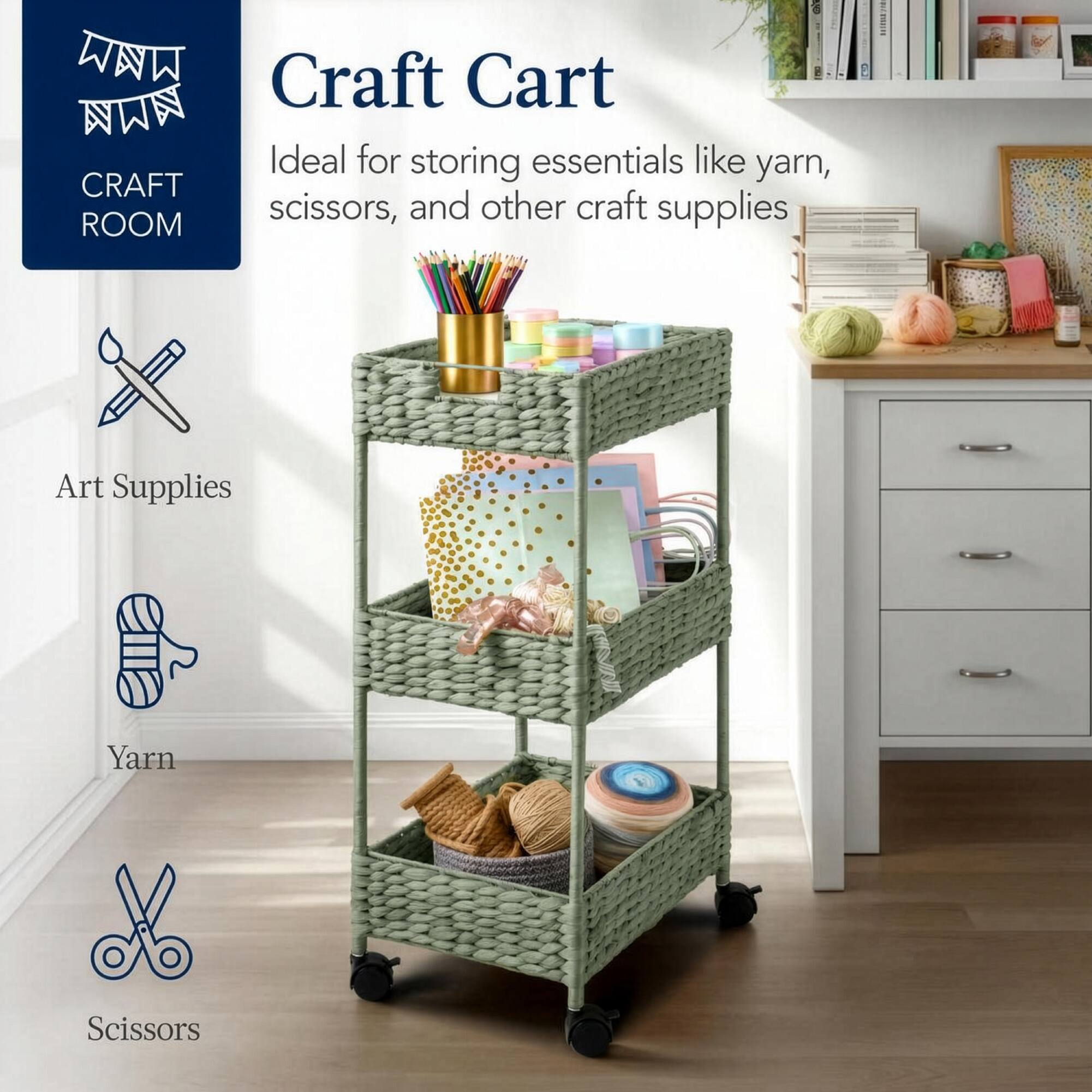 MNM Craft Cart NWW Ideal for storing essentials like yarn, CRAFT scissors, and other craft supplies

CRAFT ROOM

Art Supplies
Yarn
Scissors