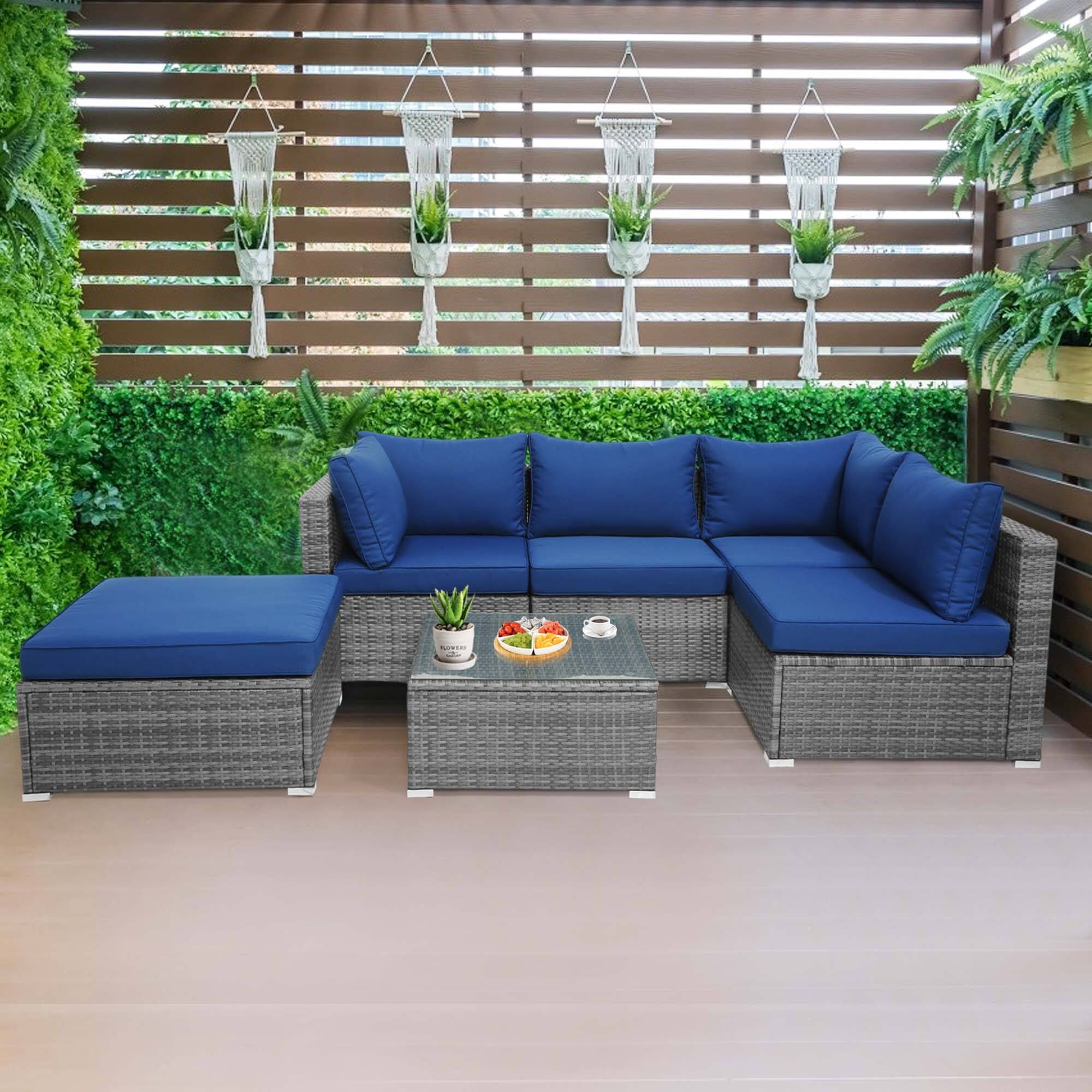 Alt View 8. Costway - Costway 6PCS Patio Wicker Furniture Set Cushioned Sectional Sofa Coffee Table Deck - Navy.