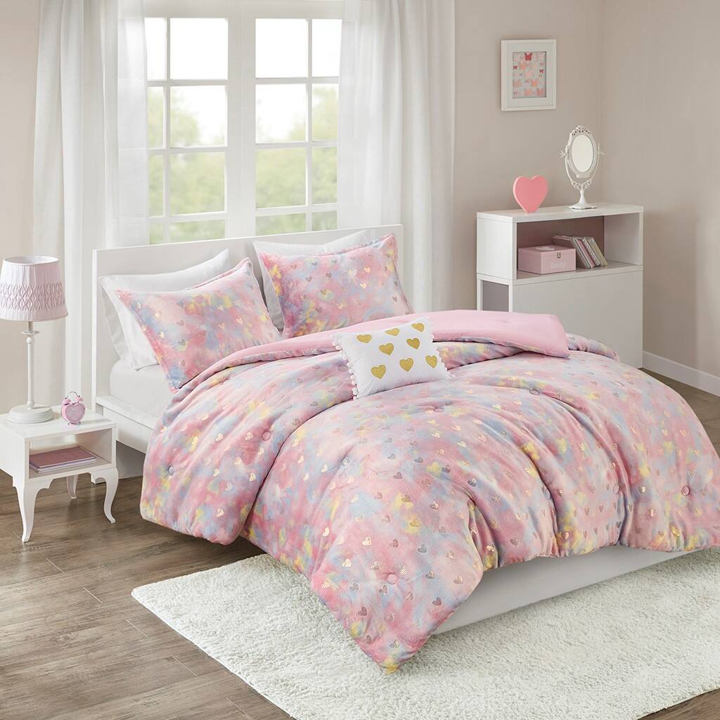Alt View 1. Gracie Mills - Gracie Mills Elysia Metallic Printed Plush Comforter Set - Pink Multi/Gold.