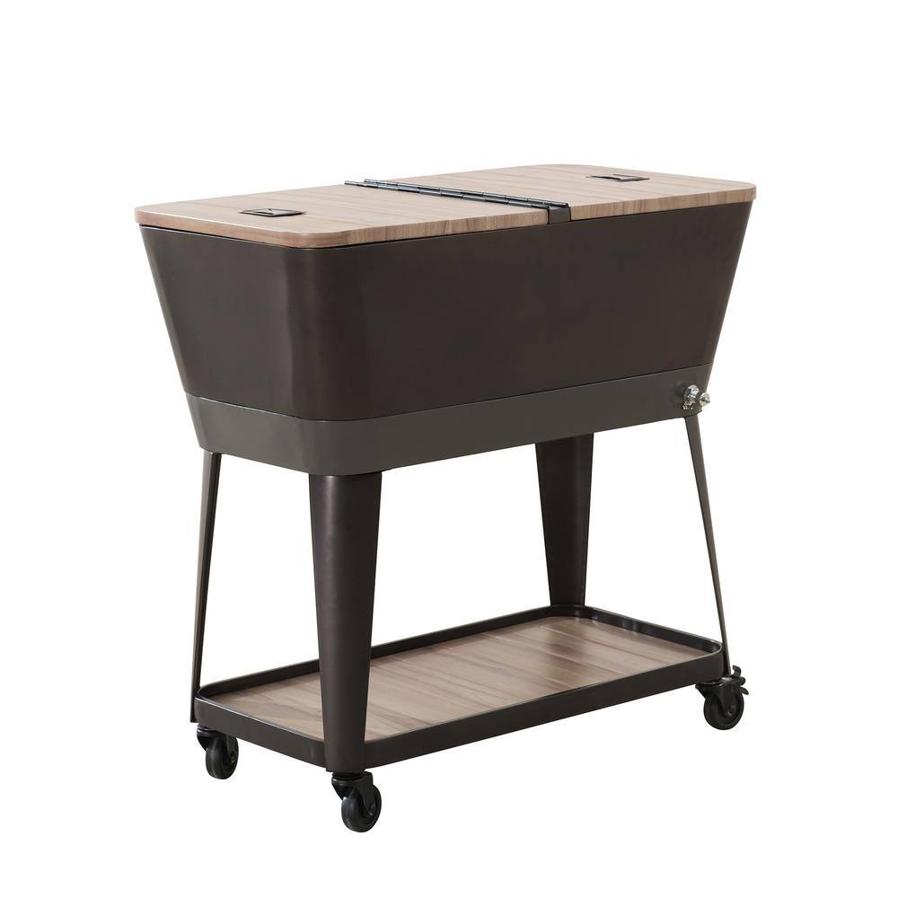 Front. SUNJOY - 80-Quart Wood Grain Metal Rolling Ice Chest Cooler Cart with Storage Shelf - Brown.