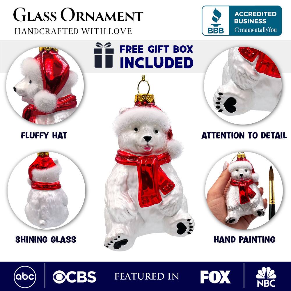 **Glass Ornament**  
Handcrafted with Love  

**Free Gift Box Included**  

- Fluffy Hat  
- Shining Glass  
- Attention to Detail  
- Hand Painting  

**Accredited Business**  
BBB  
OrnamentallyYou  

**Featured in**  
ABC  
CBS  
FOX  
NBC