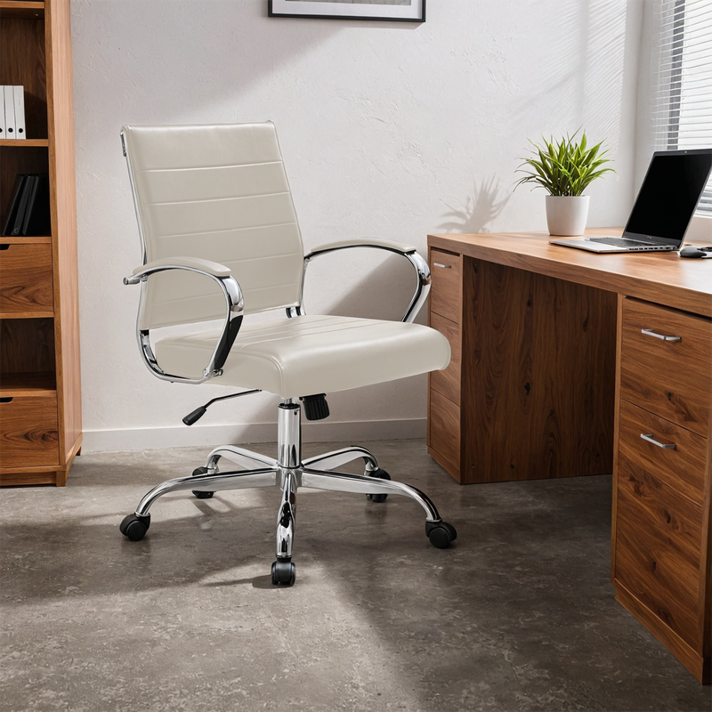 Angle. LeisureMod - Set of 2 - Benmar Modern Leather Office Desk Chair with Ribbed Seat and Steel Frame Computer Chair - Tan.