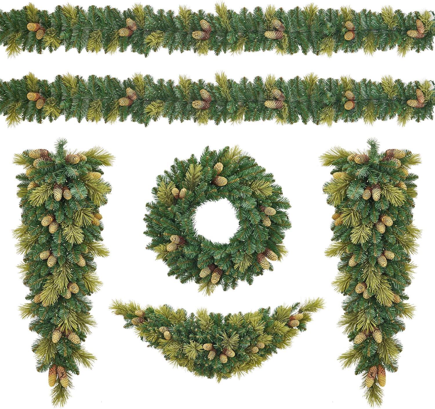 Alt View 2. Qeetex - 6FT B Pre-Lit White LED Lights Holiday Christmas 6-Piece Set - Tree Garland Wreath Swags Christmas Decorations Set of 6 - Green.