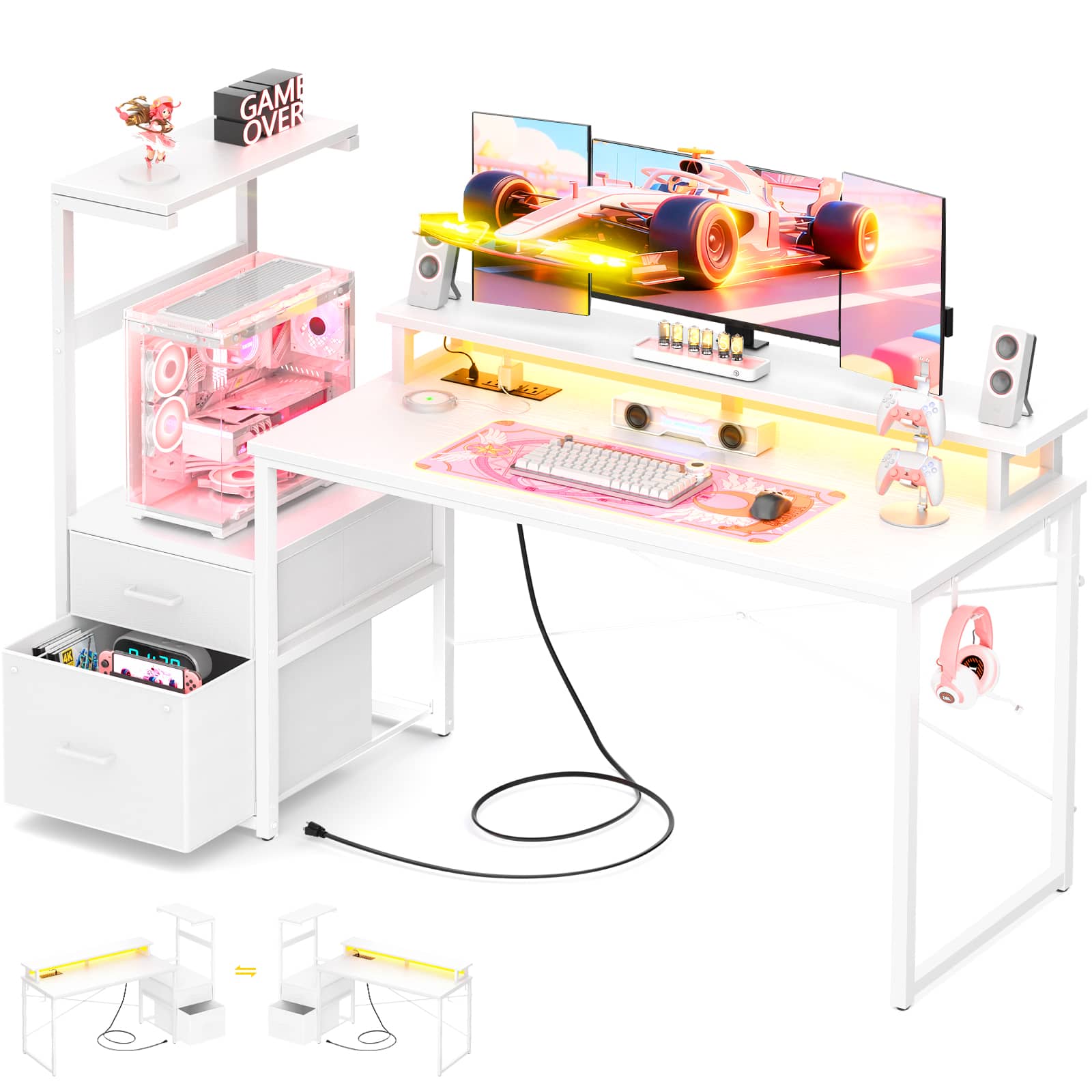 Aheaplus - Gaming Desk with LED Lights and Power Outlets, 59'' Reversible Computer Desk with Drawers & Monitor Stand - White