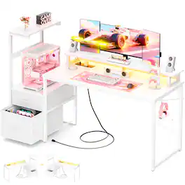 Aheaplus - Gaming Desk with LED Lights and Power Outlets, 59'' Reversible Computer Desk with Drawers & Monitor Stand - White