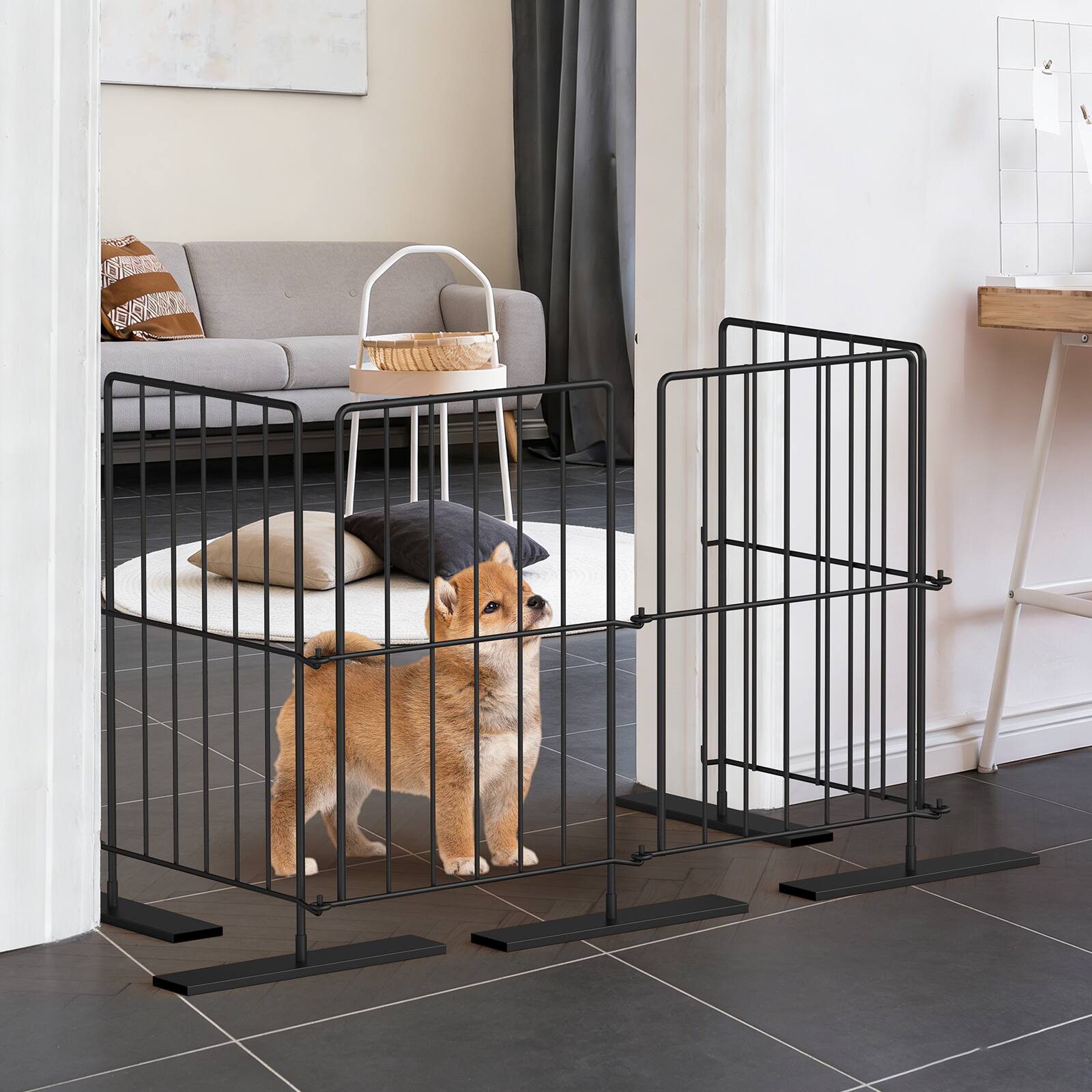 Angle. Oumilen - 4 Panels Expandable Metal Dog Gate, Freestanding Foldable Pet Barrier Fence for Small Dogs Indoor Doorway Stairway - Black.