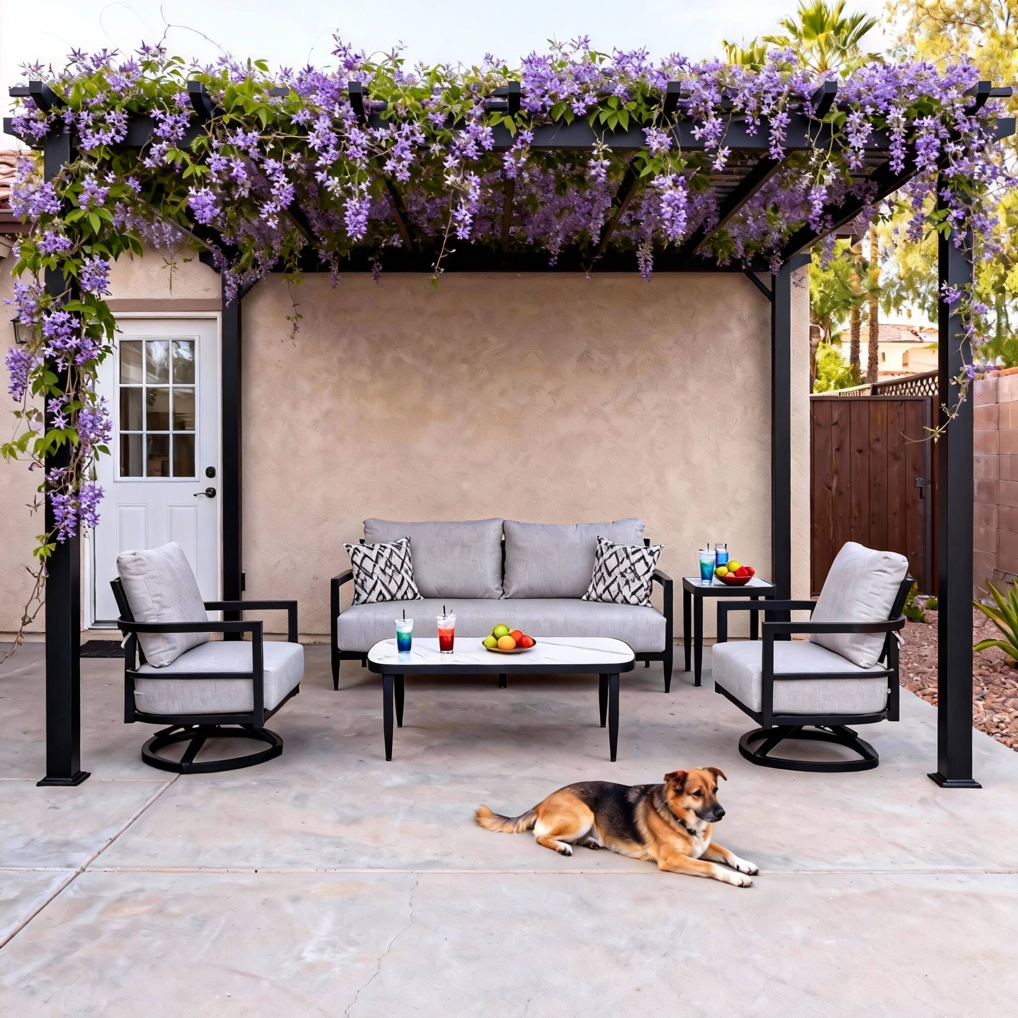 Left. Mondawe - 5-Piece Outdoor Conversation Set with Swivel Chair, Bench Sofa, Marble-Inspired Tables and Sunbrella Cushions - Ember Black+Grey.