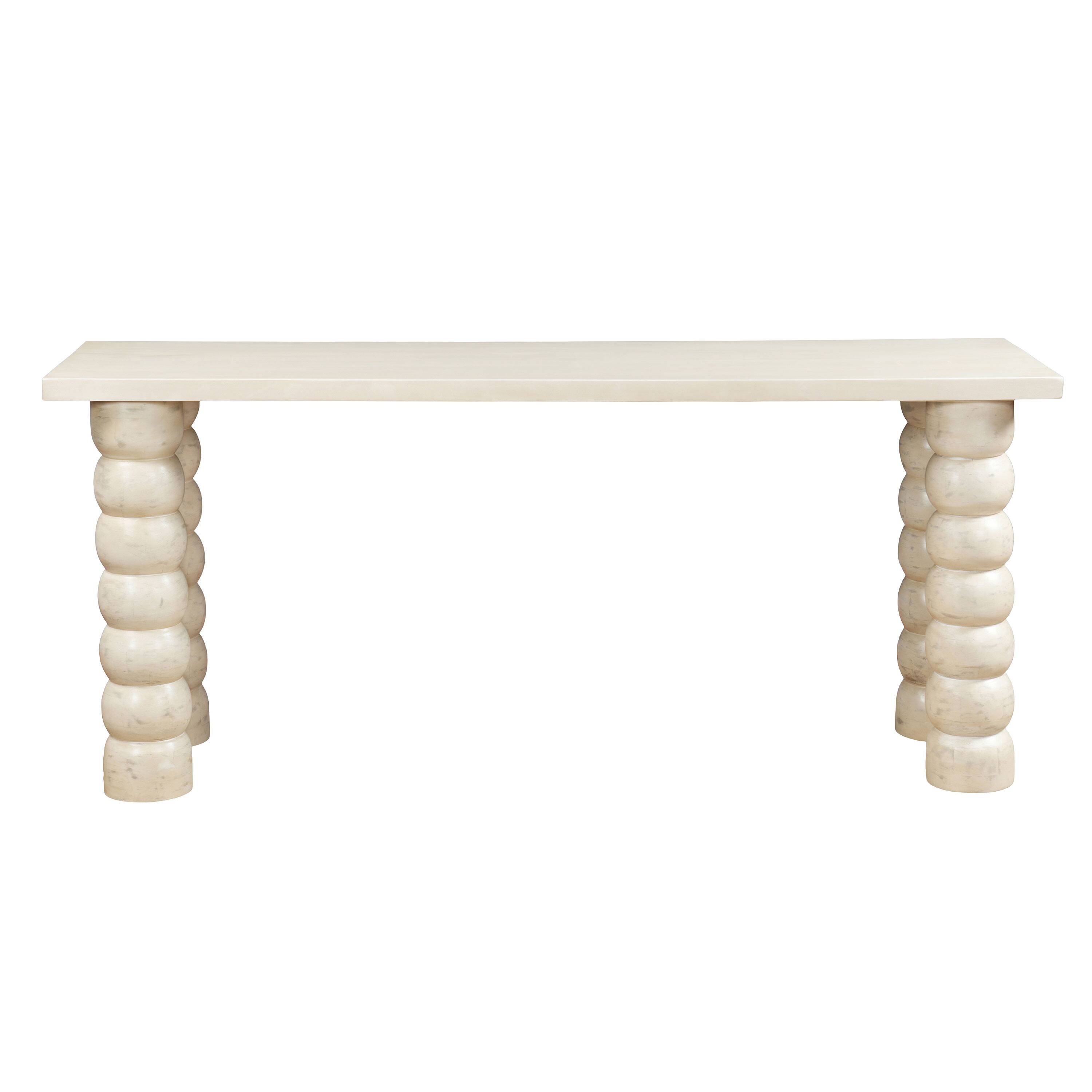 Front. Manhattan Lane - 69 Inch Sofa Console Table, Antique Mango Wood, Stacked Beaded Legs - Antique White.
