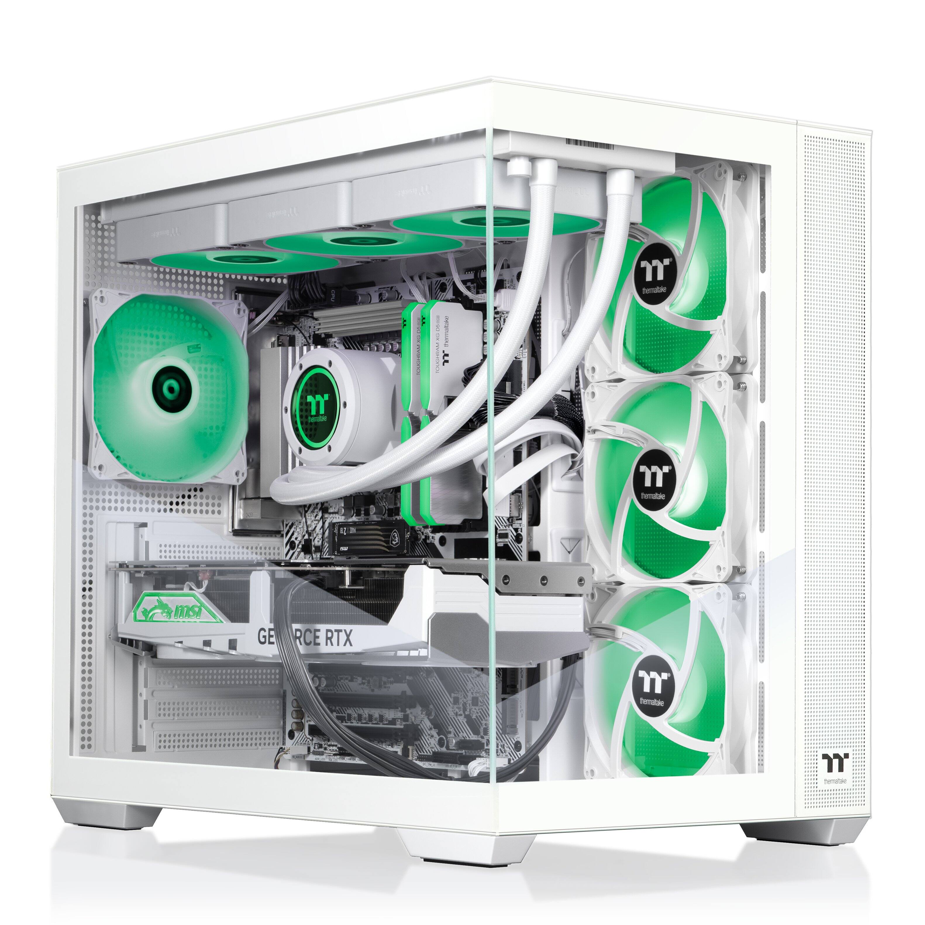The image features a computer case with a green and white color scheme. The case is filled with various electronic components, including a motherboard, a graphics card, and a CPU. The case also has a clear side panel, allowing a view of the internal components. The case is designed to hold a custom-built computer, and the green and white color scheme adds a unique touch to the overall design.
