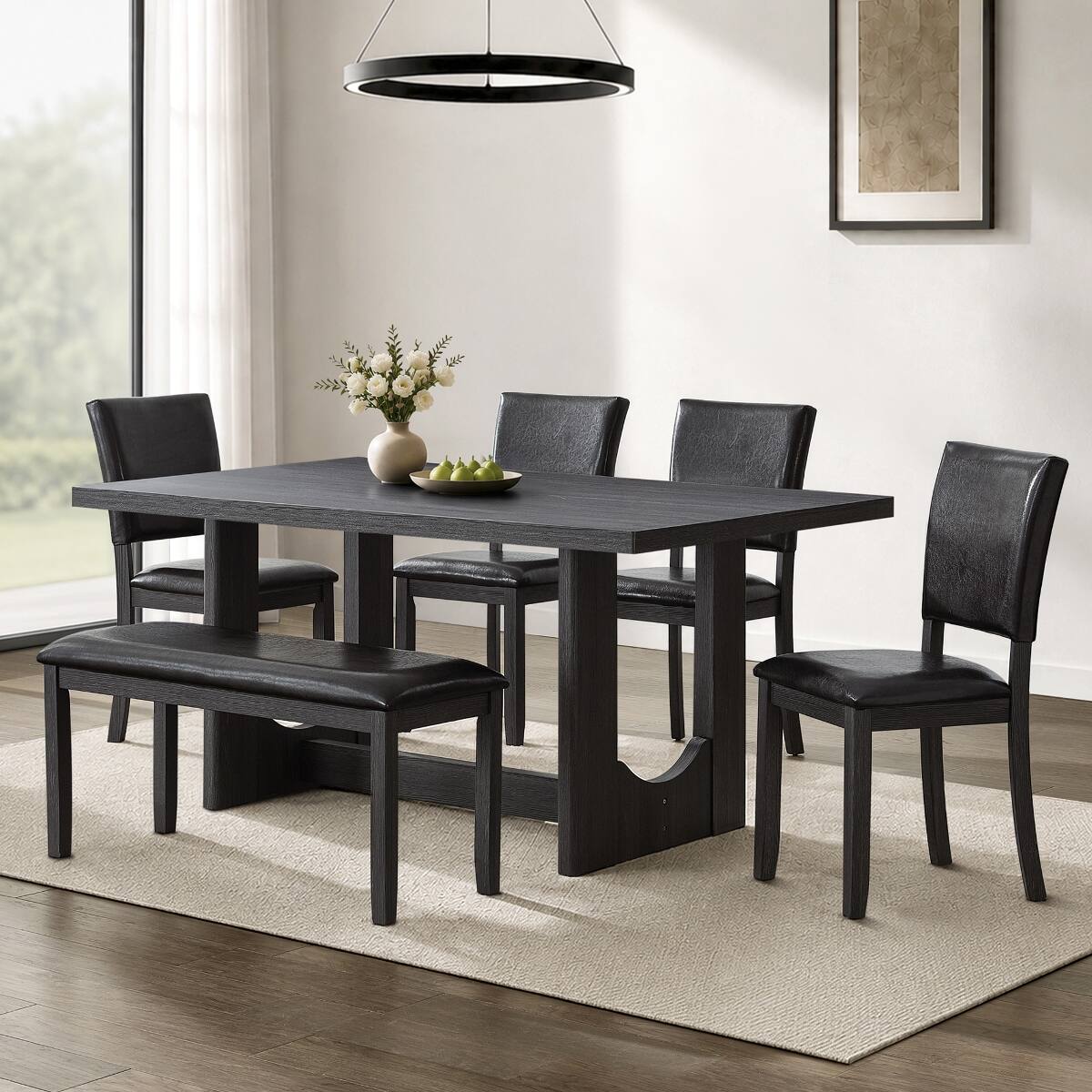 Loheer - 6 Piece Dining Table Set With Bench, Modern Farmhouse Rectangular Table - Antique Black and Brown