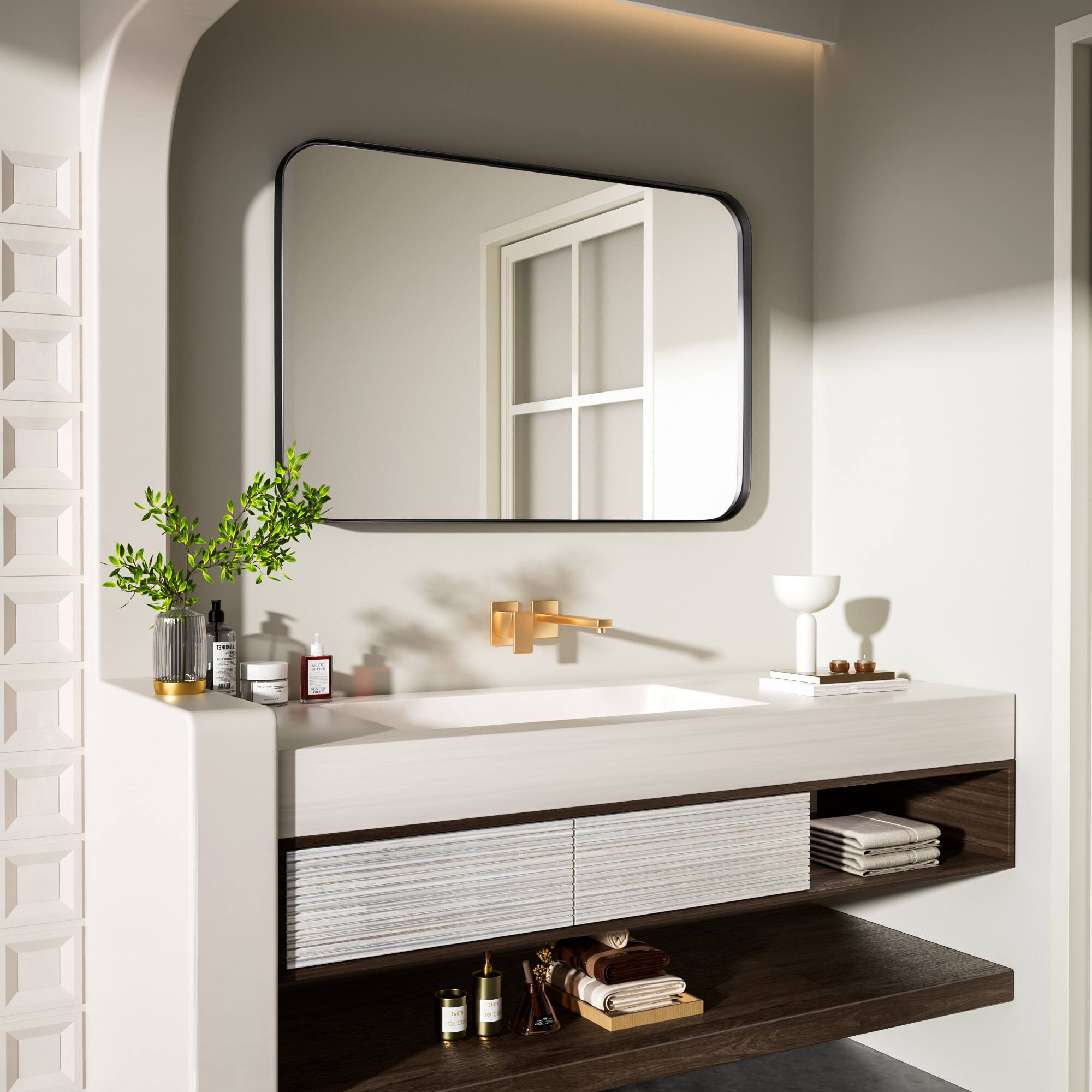 Alt View 13. LOVMOR - Tempered Glass Rounded Rectangle Framed Wall-Mounted Bathroom Vanity Mirror - 24" x 36" - Black.