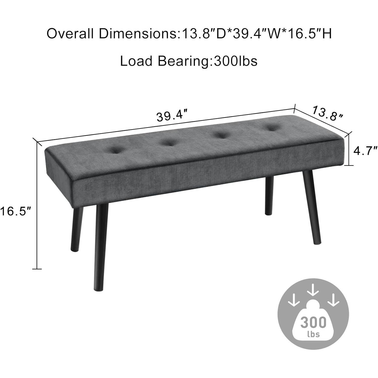 Overall Dimensions: 13.8" D x 39.4" W x 16.5" H  
Load Bearing: 300 lbs