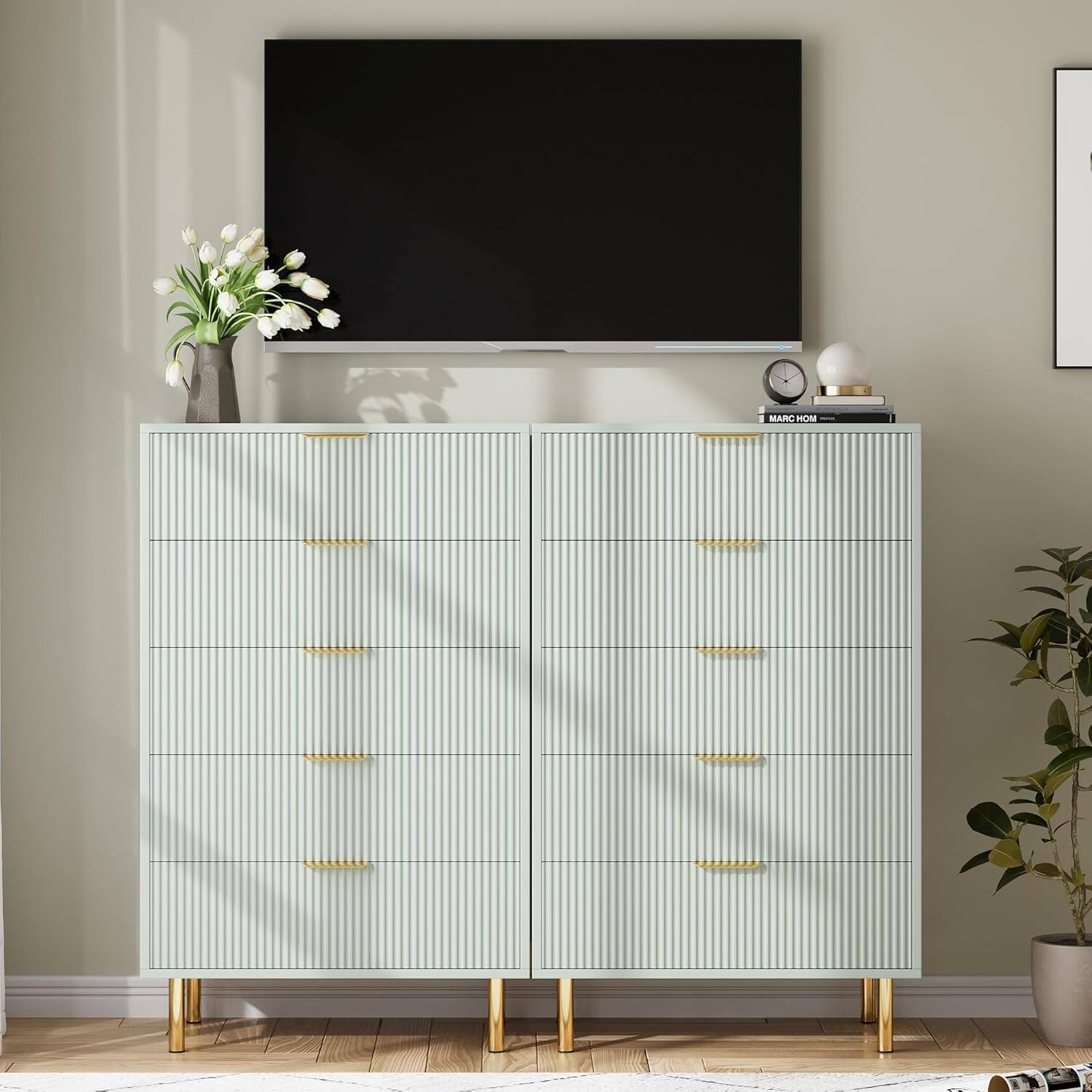 GARVEE - Modern 5 Drawer Dresser in Natural Wood Double Chest with Gold Accents & Spacious Drawers - Green