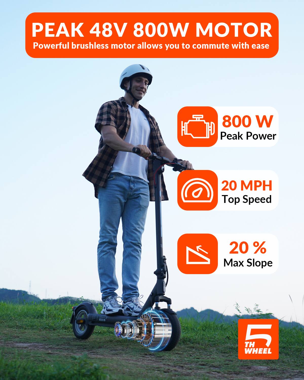 PEAK 48V 800W MOTOR, Powerful brushless motor allows you to commute with ease, 800 W Peak Power, 20 MPH Top Speed, 20 % Max Slope, 5 TH WHEEL