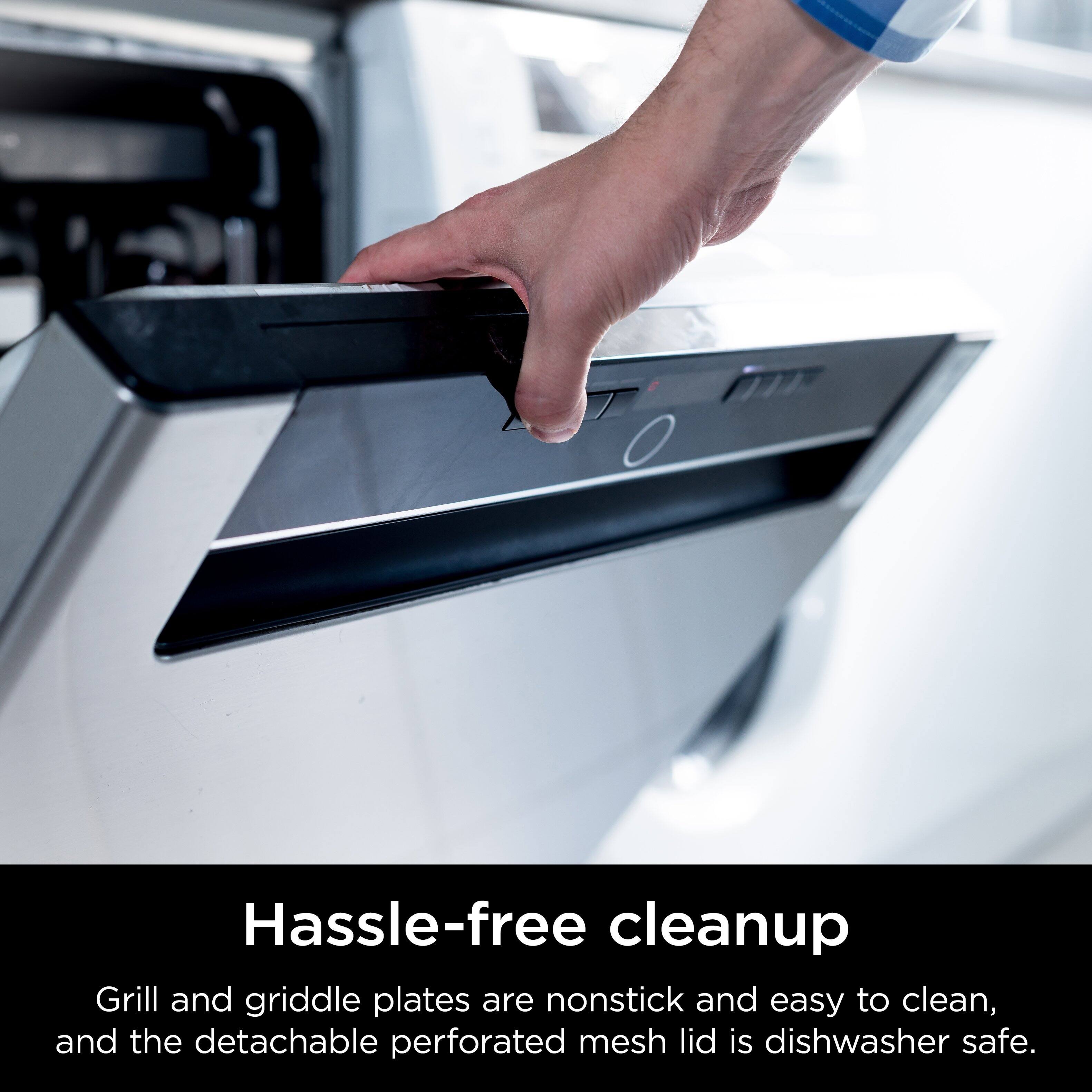 Hassle-free cleanup: Grill and griddle plates are nonstick and easy to clean, and the detachable perforated mesh lid is dishwasher safe.