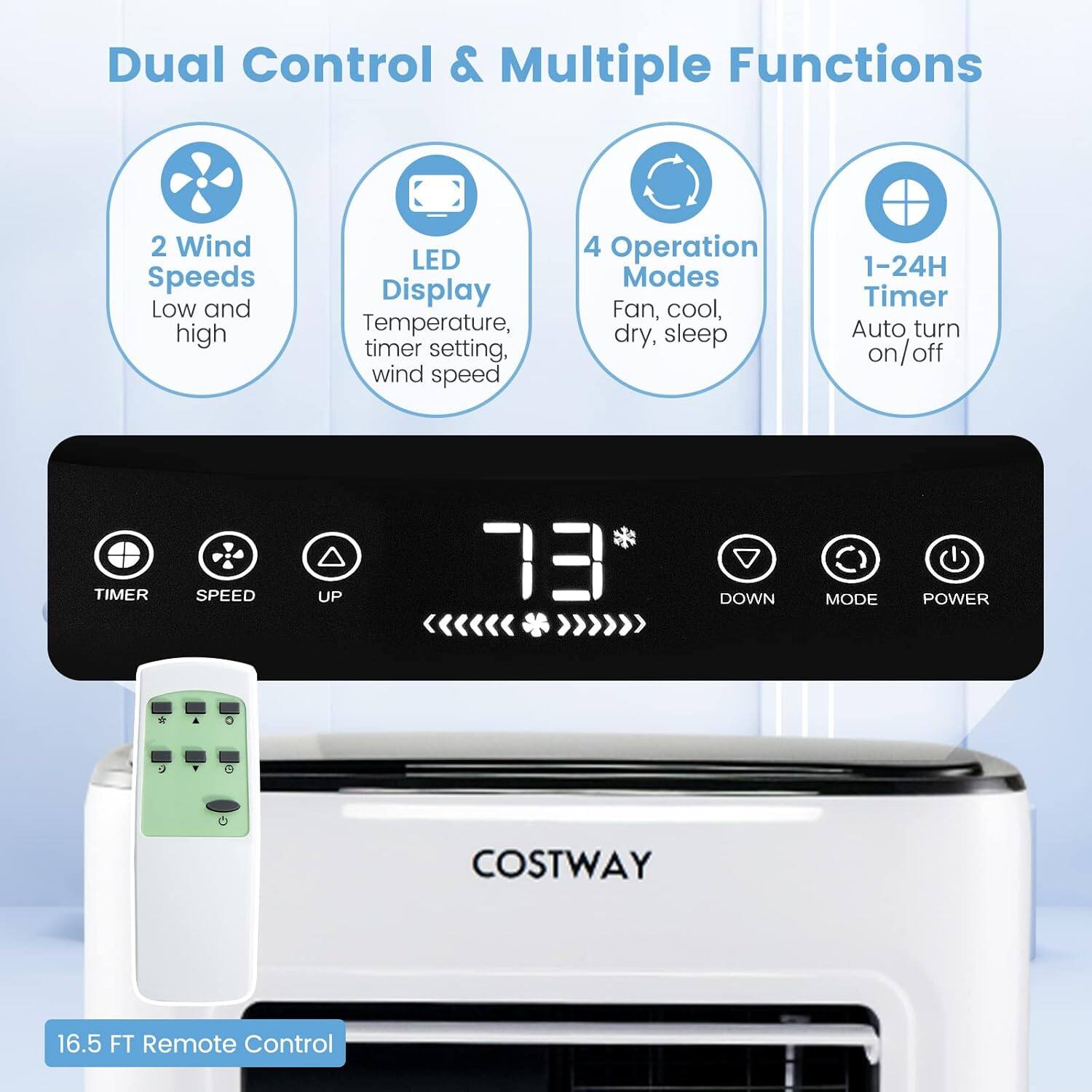 Dual Control & Multiple Functions

- 2 Wind Speeds: Low and high
- LED Display: Temperature, timer setting, wind speed
- 4 Operation Modes: Fan, cool, dry, sleep
- 1-24H Timer: Auto turn on/off

16.5 FT Remote Control