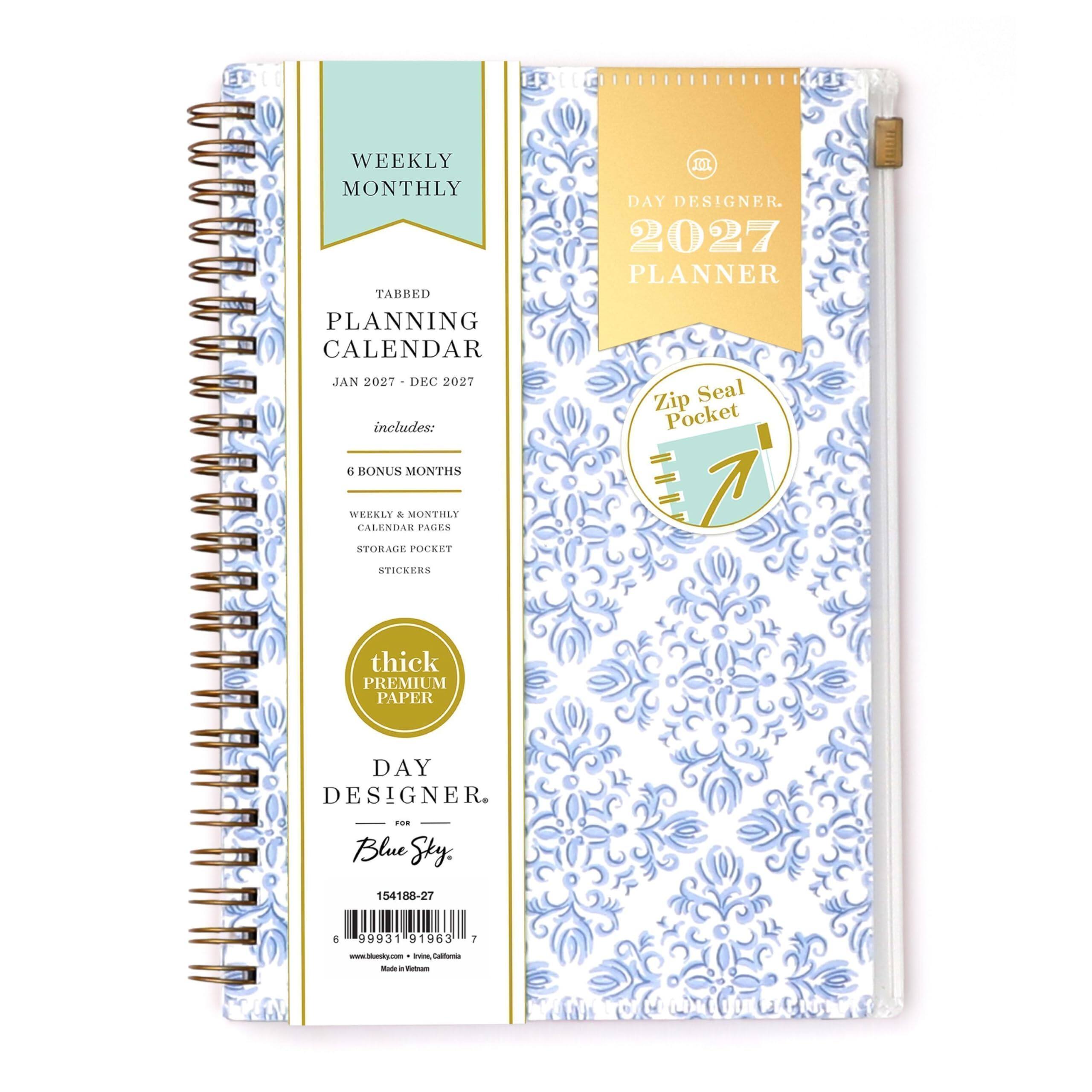 EXPLORI

WEEKLY MONTHLY TABBED PLANNING CALENDAR JAN 2027 - DEC 2027 includes:
- 6 BONUS MONTHS
- WEEKLY & MONTHLY CALENDAR PAGES
- STORAGE POCKET
- STICKERS
- thick PREMIUM PAPER
- DAY DESIGNER.

FOR Blue Sky.

154188-27

99931 91963

www.bluesky.com

Made in Vietnam