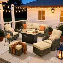 Ovios - 7 PCS Patio Furniture Set, Rattan Sofa with Swivel Chair, Ottoman & 42" Fire Pit Table - Beige