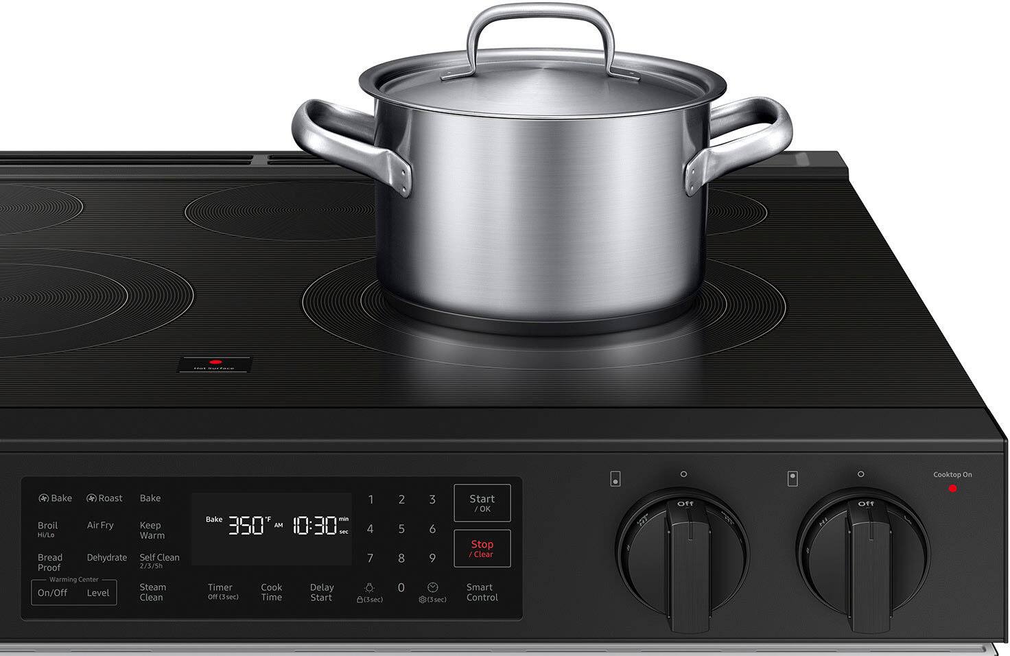 Cooktop On Bake Roast Bake Broil Air Fry Keep HI/LO Warm Bread Dehydrate Self Clean Proof 2/3/5h Warming Center Steam On/Off Level Clean 1 Bake "F mnin 350 MA 10:30 sE 4 7 Timer Cook Delay Off(3sec) Time Start O(3sec) 2 5 8 0 3 6 9 8(3sec) Start / OK Stop / Clear Smart Control OHf F OTT