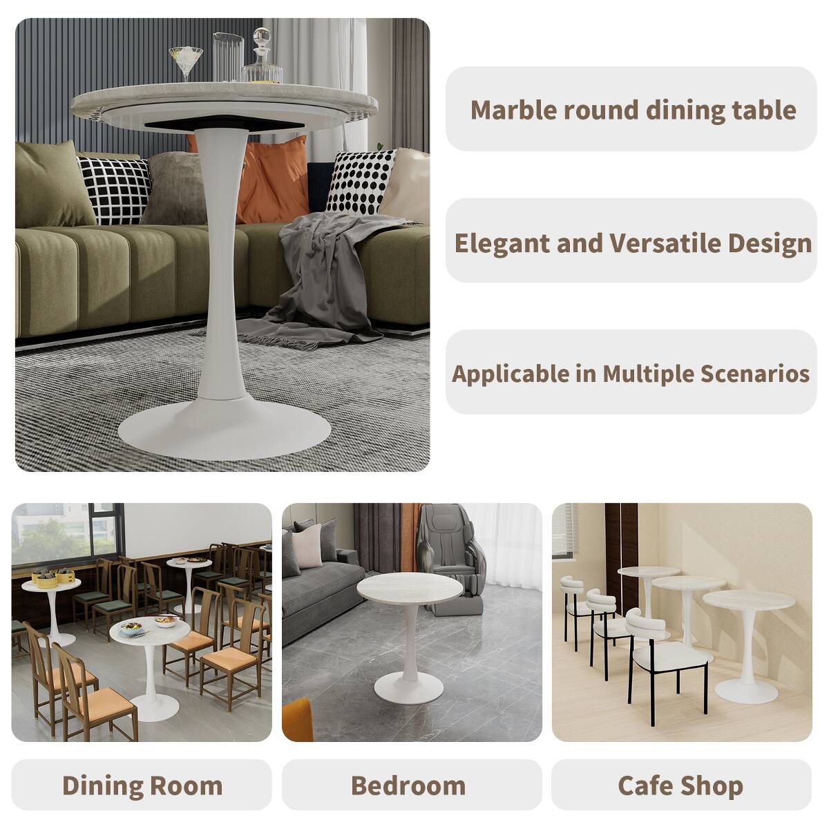 Marble round dining table

Elegant and Versatile Design

Applicable in Multiple Scenarios

Dining Room

Bedroom

Cafe Shop