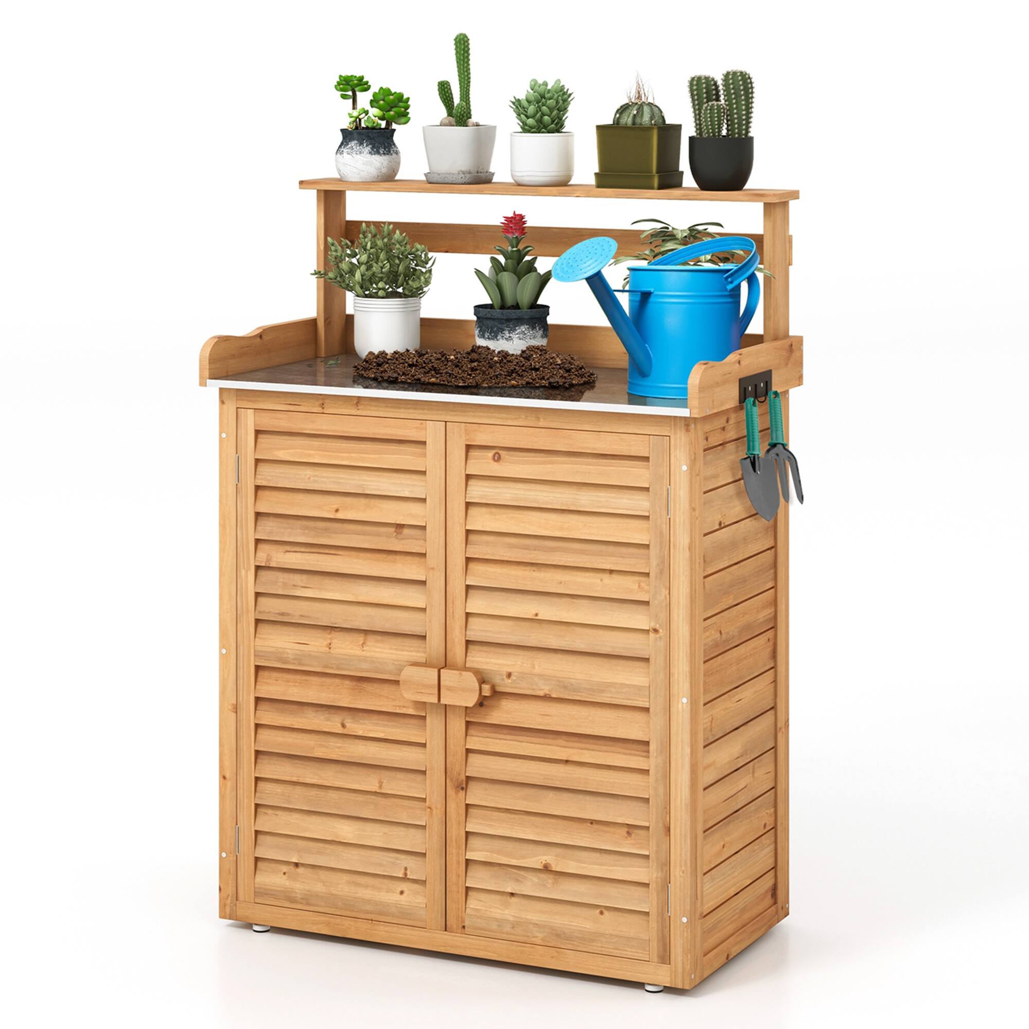 Alt View 9. Costway - Costway Outdoor Potting Bench with Galvanized Metal Countertop 3 Hanging Hooks Natural - Brown.
