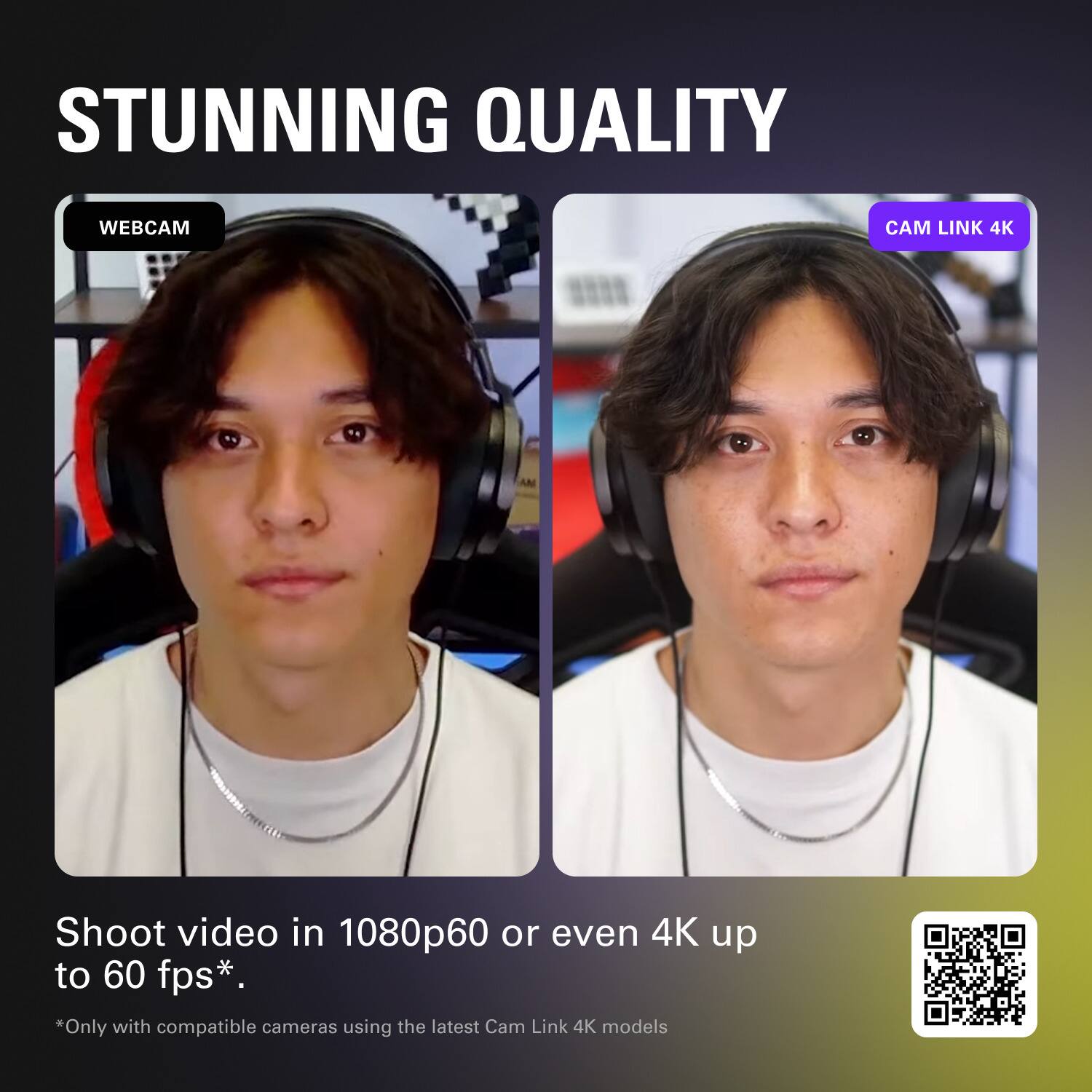 STUNNING QUALITY WEBCAM: Shoot video in 1080p60 or even 4K up to 60 fps. Only with compatible cameras using the latest Cam Link 4K models.