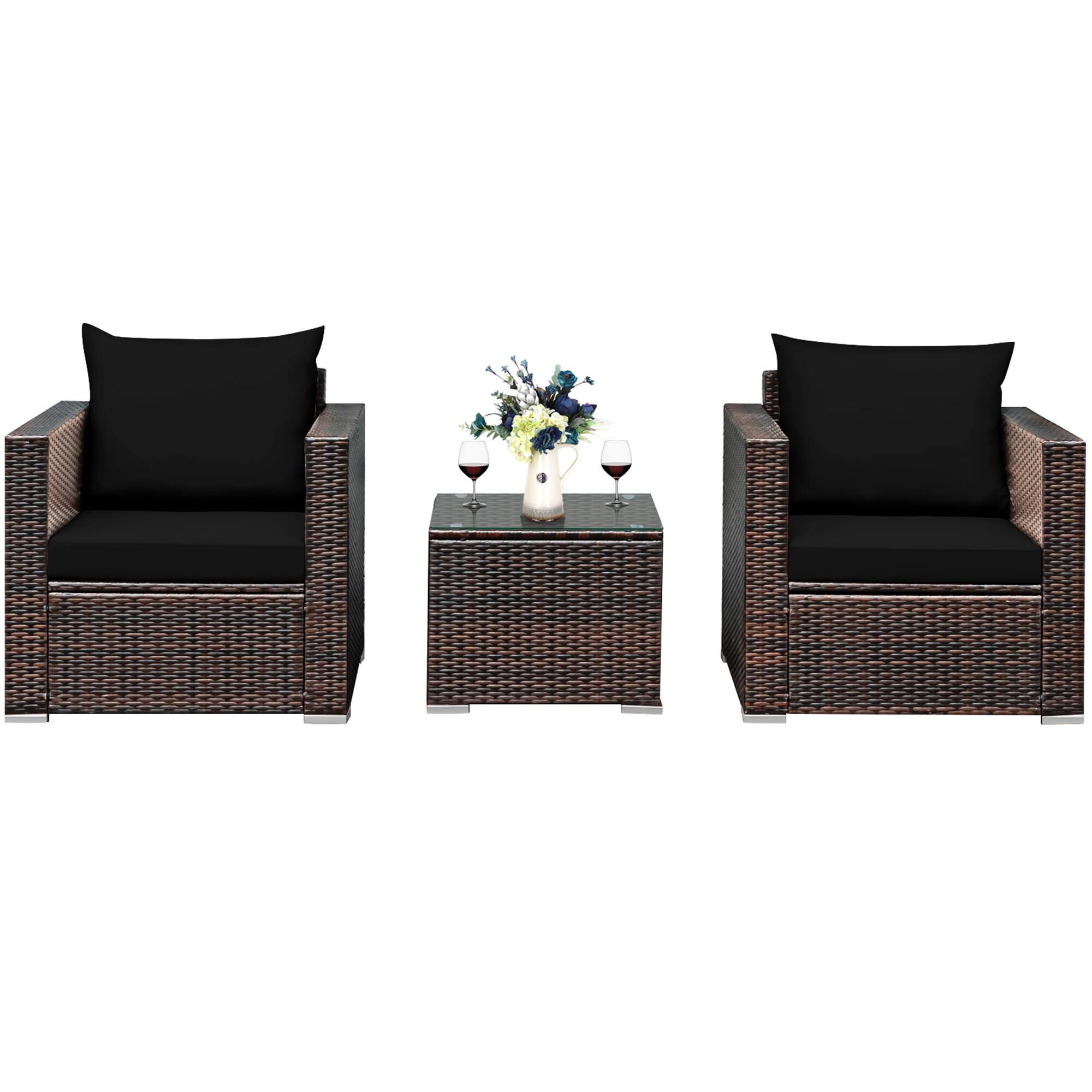 Alt View 9. Gymax - Gymax 3PCS Rattan Patio Outdoor Conversation Furniture Set w/ Black Cushions - Black.