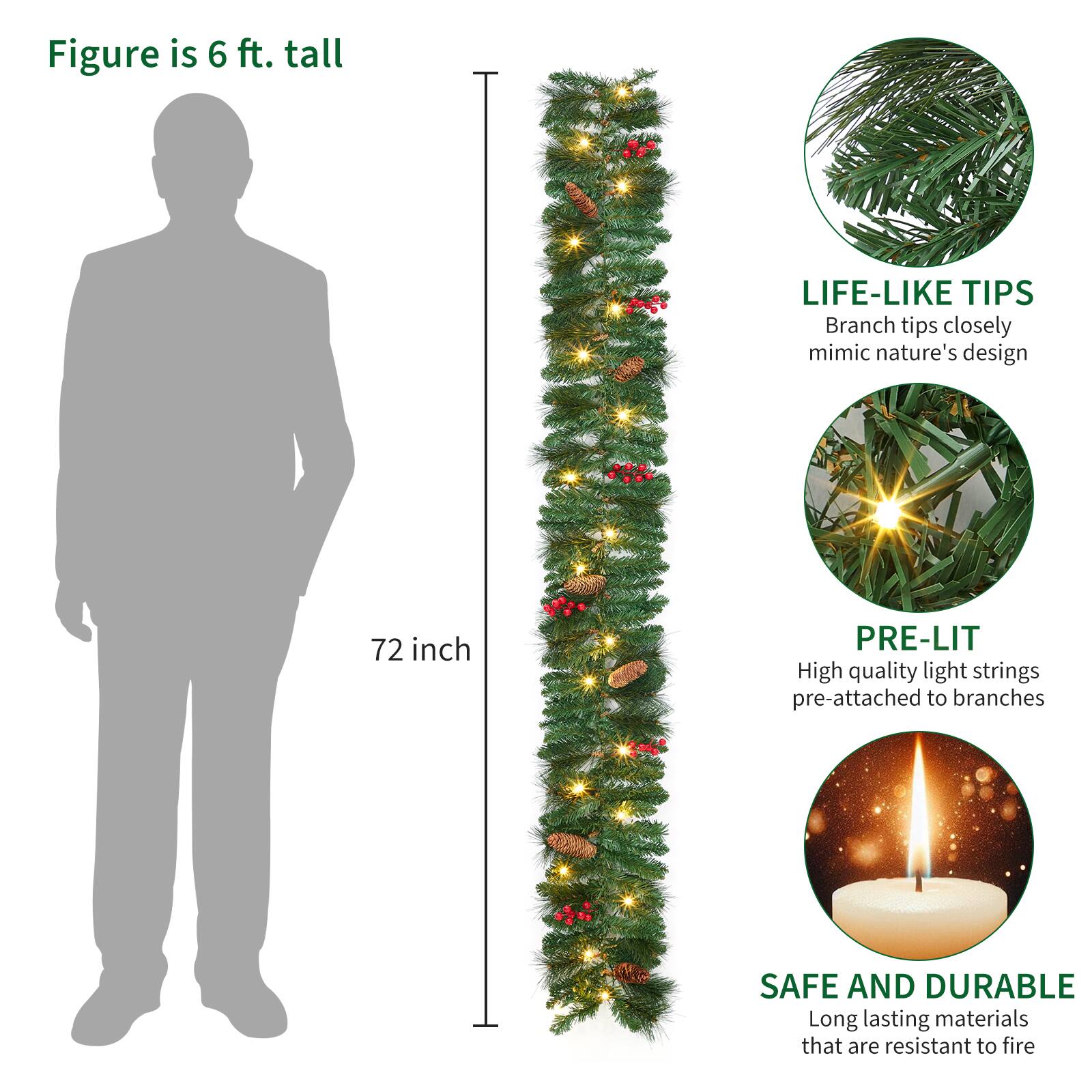 - Figure is 6 ft. tall
- 72 inch
- LIFE-LIKE TIPS: Branch tips closely mimic nature's design
- PRE-LIT: High quality light strings pre-attached to branches
- SAFE AND DURABLE: Long lasting materials that are resistant to fire