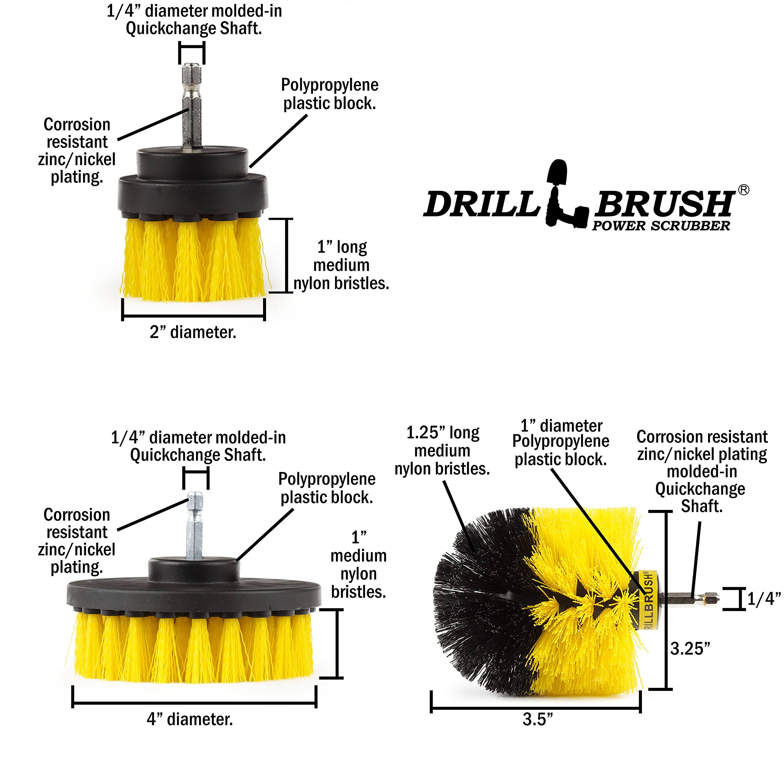 1/4" diameter molded-in Quickchange Shaft. Corrosion resistant zinc/nickel plating. Polypropylene plastic block. DRILL BRUSH POWER SCRUBBER 1" long medium nylon bristles. 2" diameter. 1" diameter 1/4" diameter molded-in 1.25" long Corrosion resistant Polypropylene Quickchange Shaft. medium zinc/nickel plating plastic block. nylon bristles. molded-in Polypropylene plastic block. Quickchange Shaft. Corrosion resistant 1" zinc/nickel medium plating. nylon bristles. LLBRUSH I1/4" 3.25" 4" diameter. 3.5"