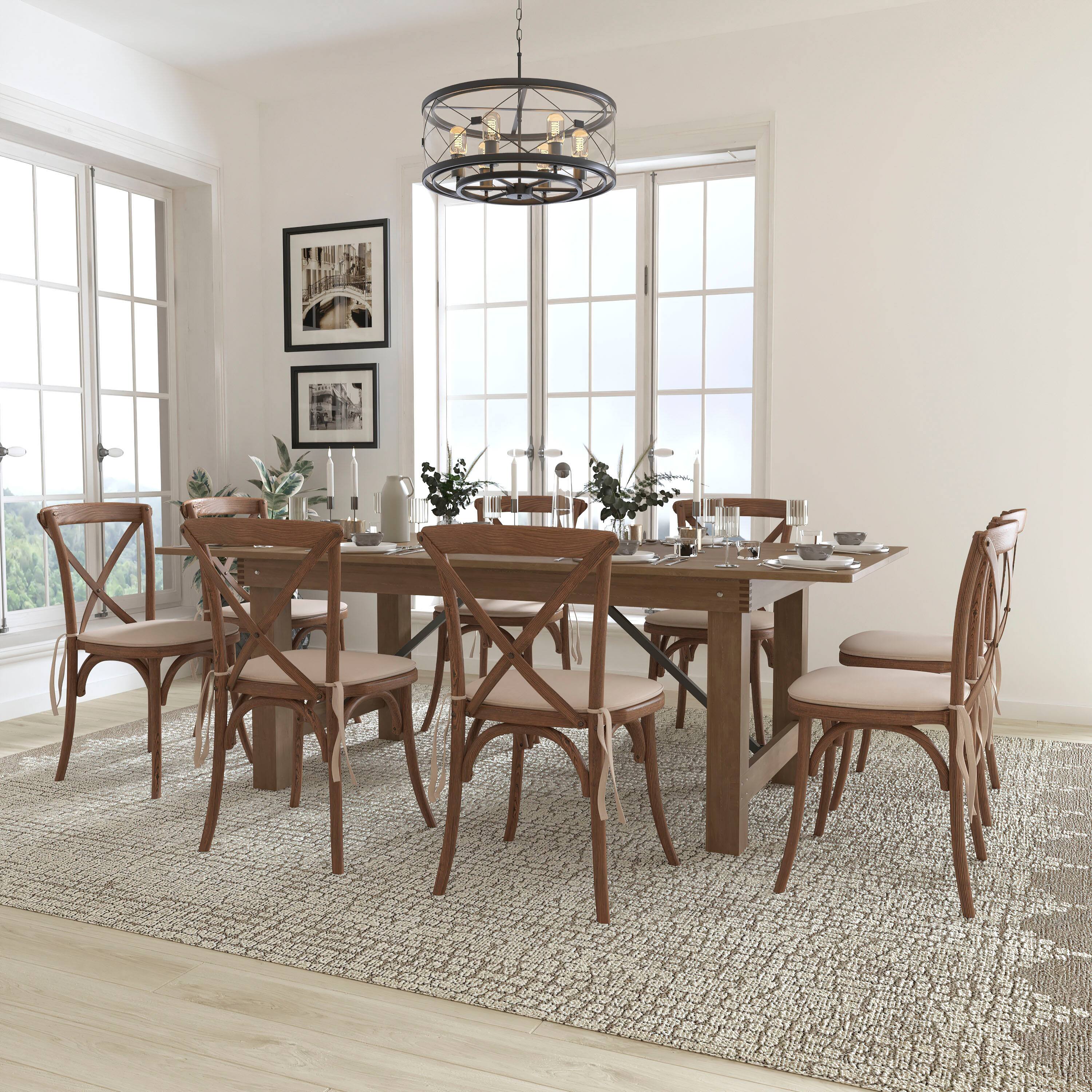 Angle. Flash Furniture - HERCULES Series 7' x 40'' Antique Rustic Folding Farm Table Set with 8 Cross Back Chairs and Cushions - Brown.