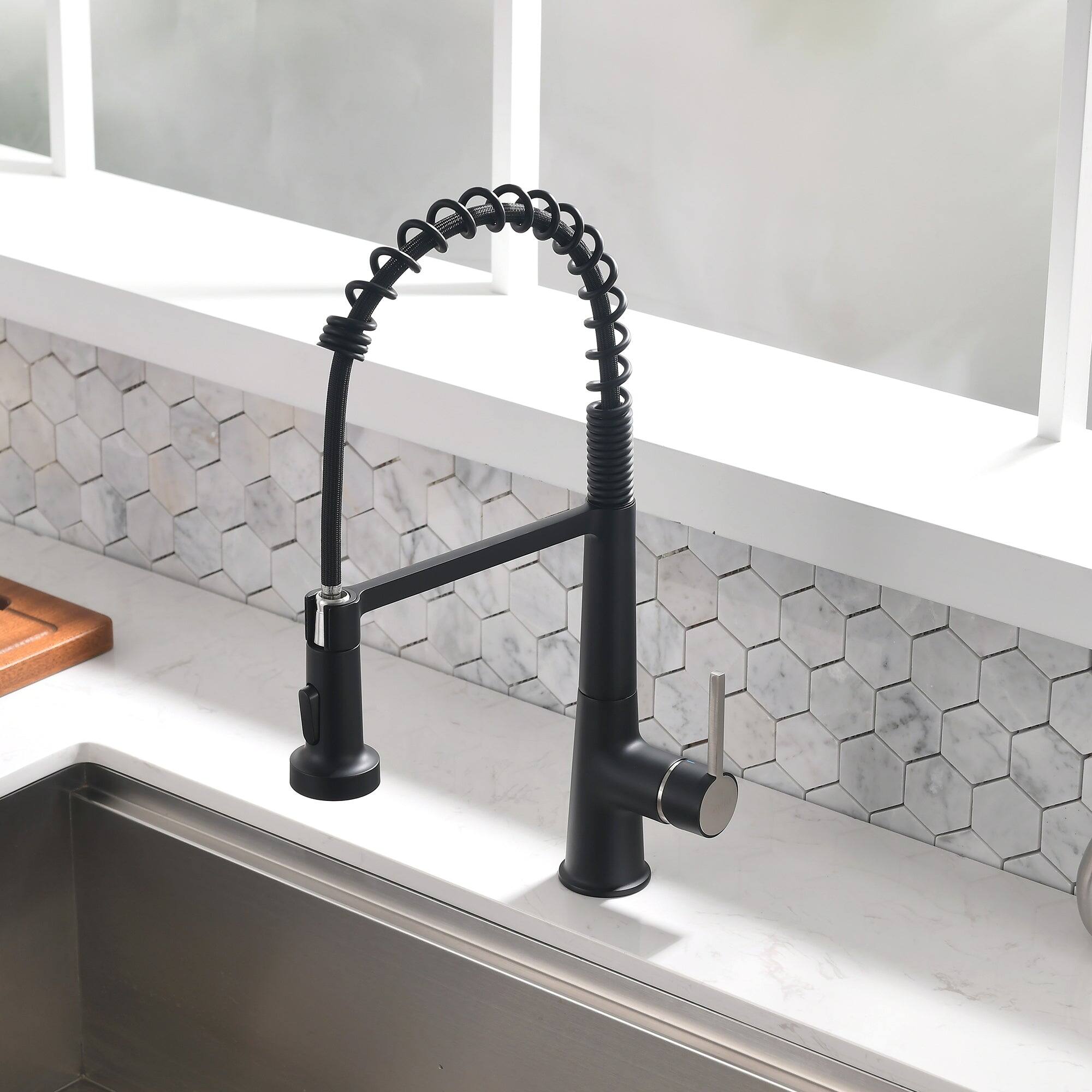 Alt View 4. Boyel Living - Matte Black 2 Spray Patterns 1.8 GPM Single Handle No Sensor Pull Down Sprayer Kitchen Faucet - Matte Black.