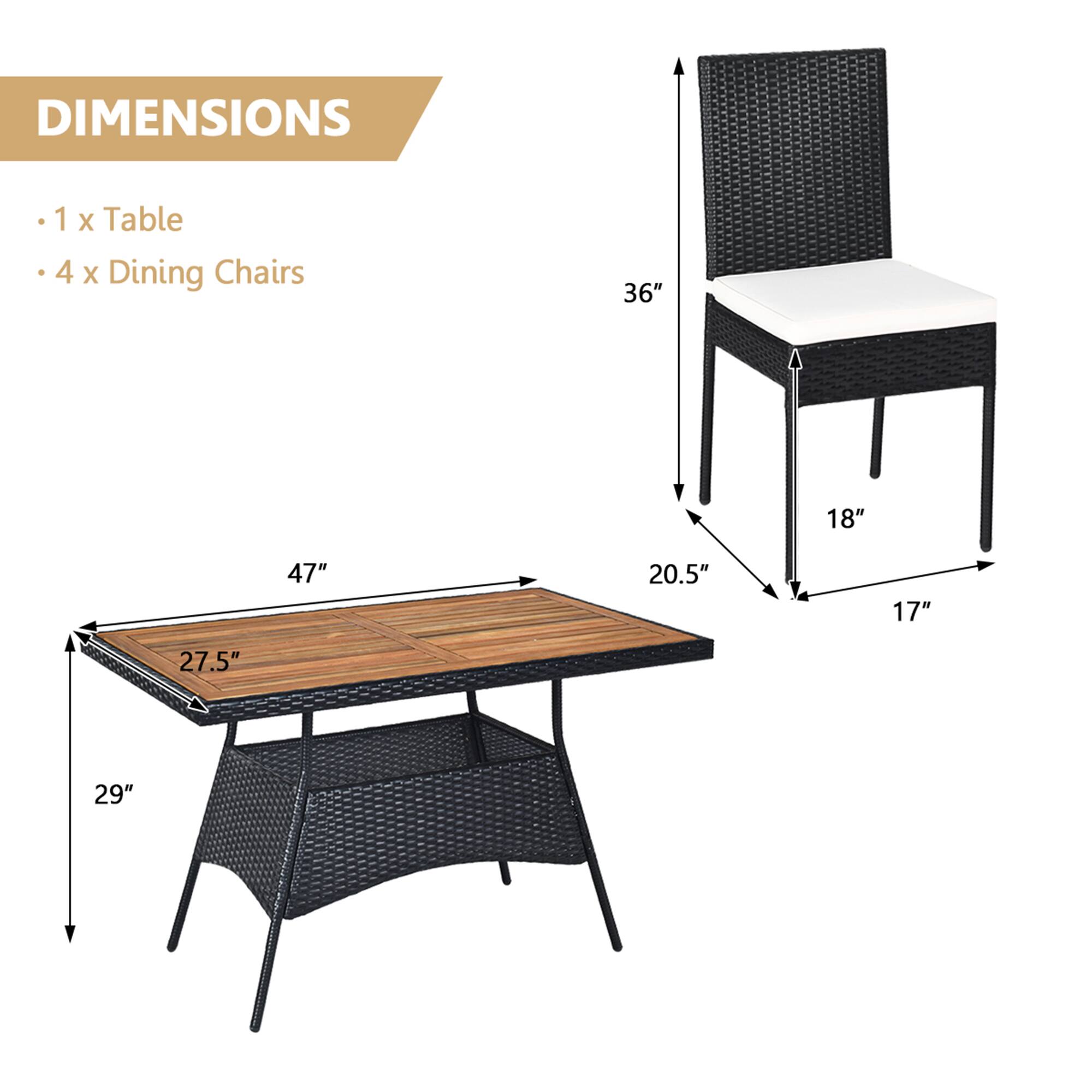 DIMENSIONS

- 1 x Table
- 4 x Dining Chairs

Table:
- Length: 47"
- Width: 27.5"
- Height: 29"

Chair:
- Height: 36"
- Seat Height: 18"
- Seat Depth: 20.5"
- Width: 17"