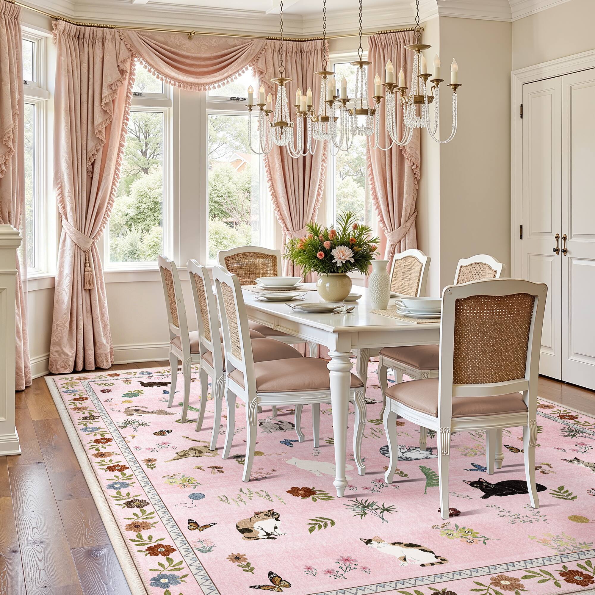 Alt View 2. KERDOM - 8x10' Extra Large Area Rug, Cat-Themed Floral Carpet for Living Room & Master Bedroom, Rubber Backing, Machine Washable - Pink.