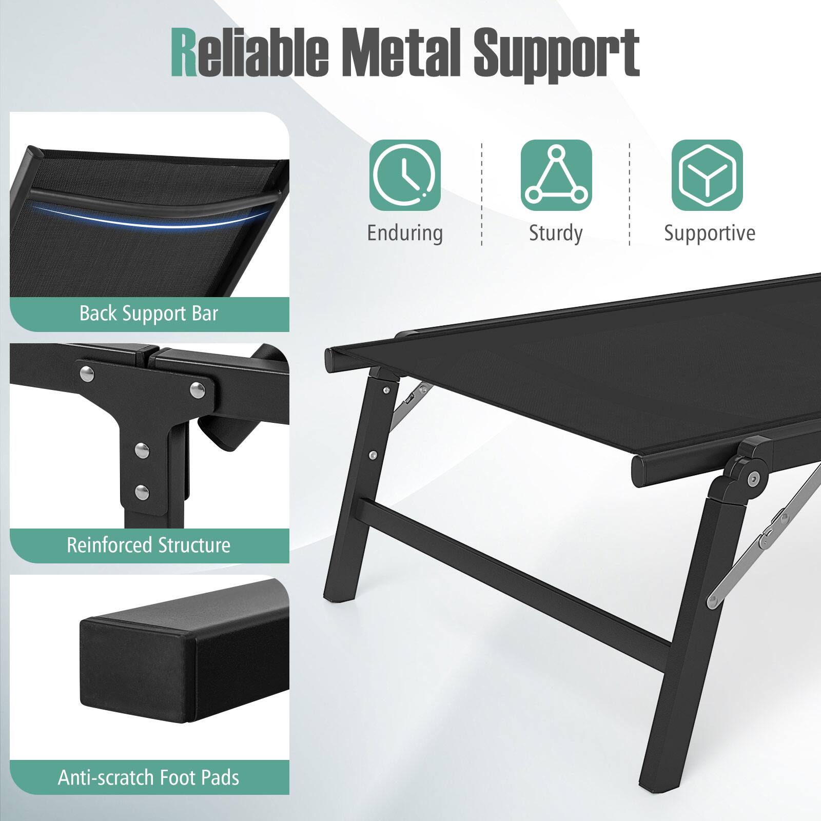 Reliable Metal Support

- Enduring
- Sturdy
- Supportive

- Back Support Bar
- Reinforced Structure
- Anti-scratch Foot Pads