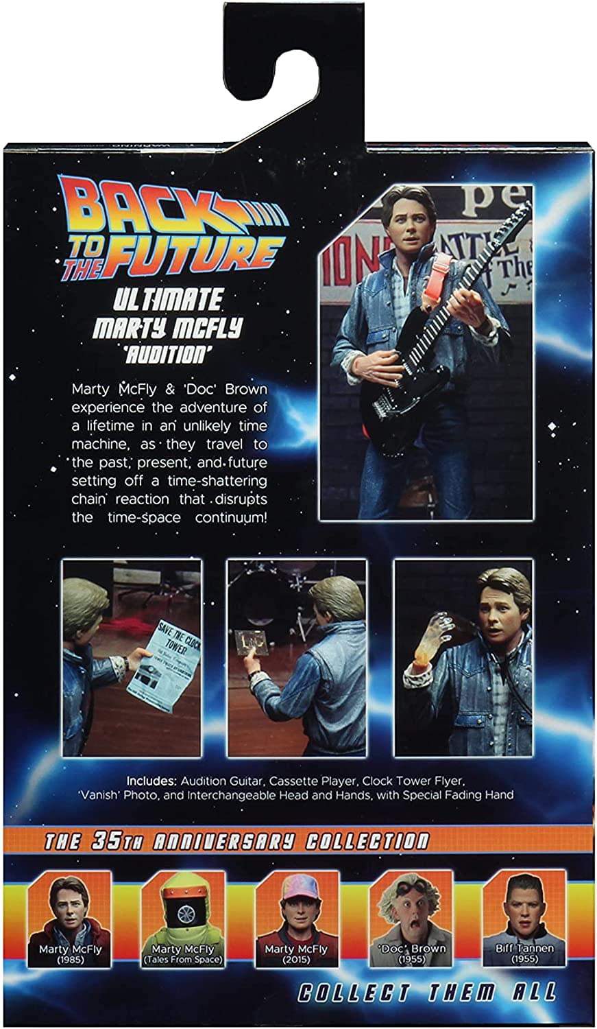 **Back to the Future: The Ultimate Marty McFly 'Audition'**

Marty McFly & 'Doc' Brown experience the adventure of a lifetime in an unlikely time machine, as they travel to the past, present, and future, setting off a time-shattering chain reaction that disrupts the time-space continuum!

**Includes:**
- Audition Guitar
- Cassette Player
- Clock Tower Flyer
- 'Vanish' Photo
- Interchangeable Head and Hands with Special Fading Hand

**The 35th Anniversary Collection**

- Marty McFly (1985)
- Marty McFly (Tales From Space)
- Marty McFly (2015)
- Doc' Brown (1955)
- Biff Tannen (1955)

**Collect Them All!**