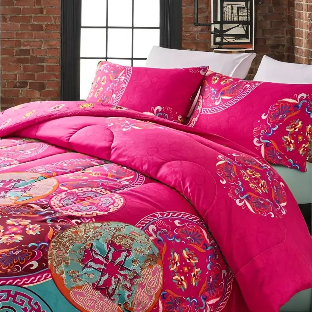 Back. Shatex - Fuchsia round pattern twin 2 pieces comforter set, stylish, elegant, warm, and comfortable - red.