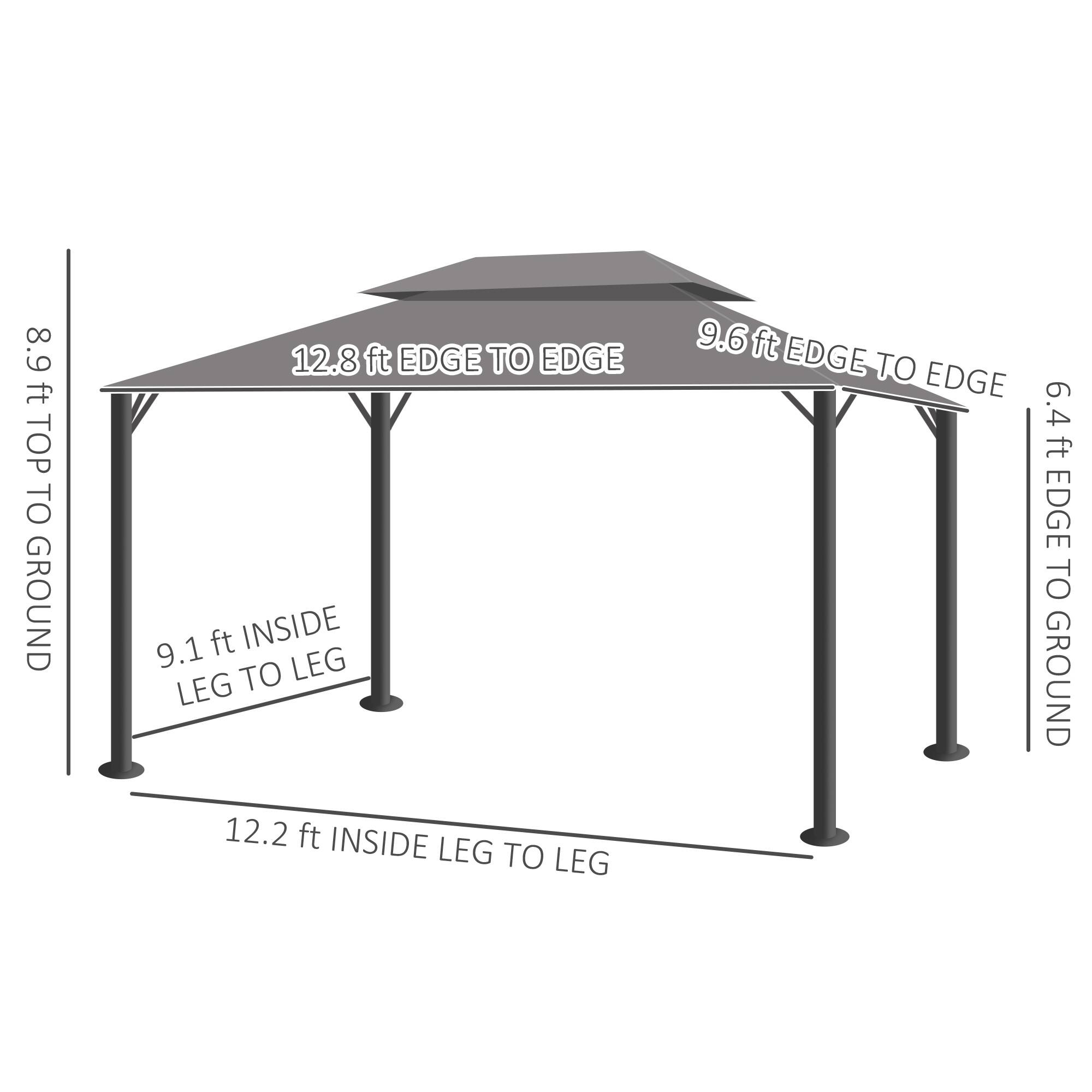 8.9 ft TOP TO GROUND  
12.8 ft EDGE TO EDGE  
9.1 ft INSIDE LEG TO LEG  
12.2 ft INSIDE LEG TO LEG  
9.6 ft EDGE TO EDGE  
6.4 ft EDGE TO GROUND