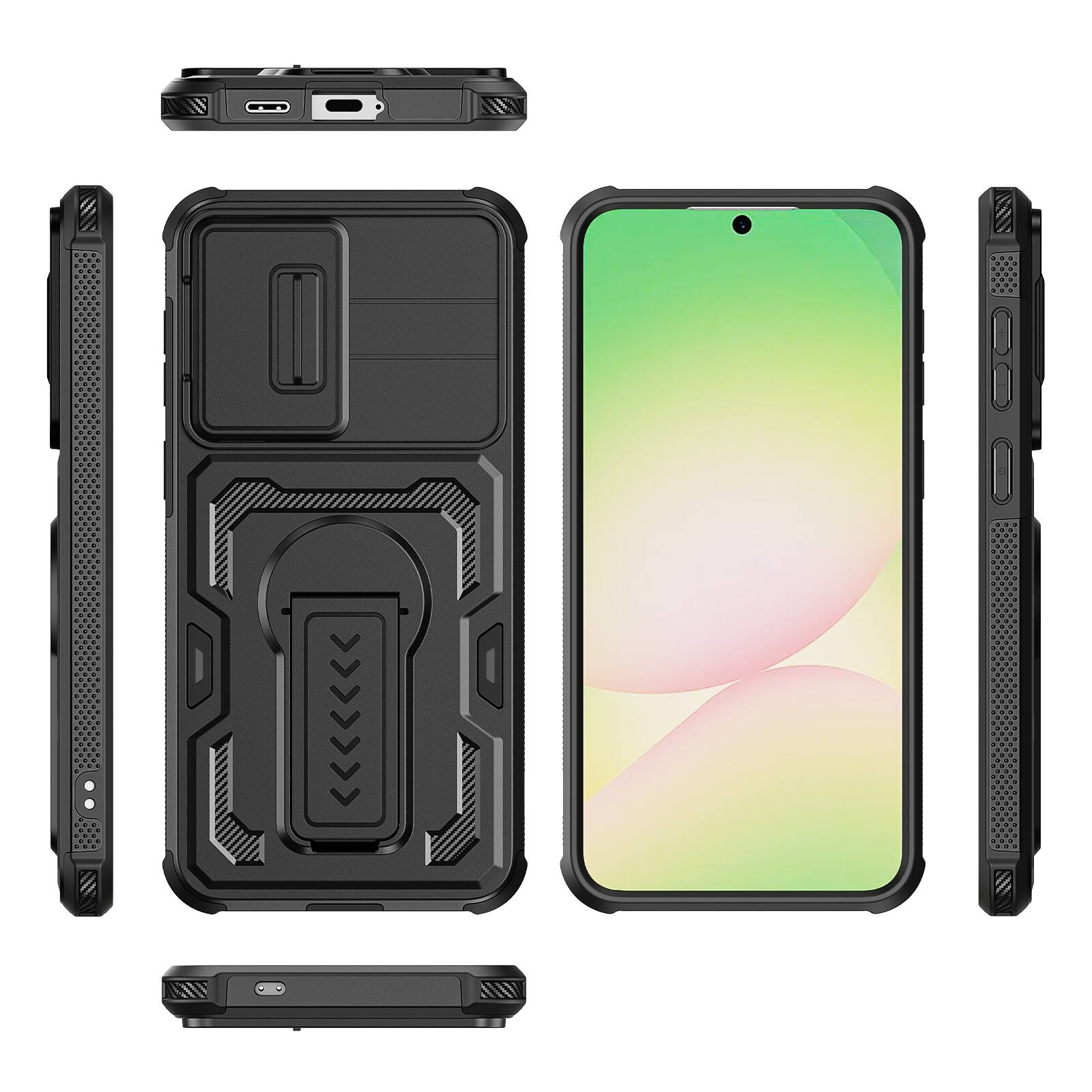 Alt View 4. Dteck - Rugged Stand Case for Samsung Galaxy A57,Shockproof Heavy Duty Cover With Sliding Lens Cover+Tempered Glass Flim - Black.
