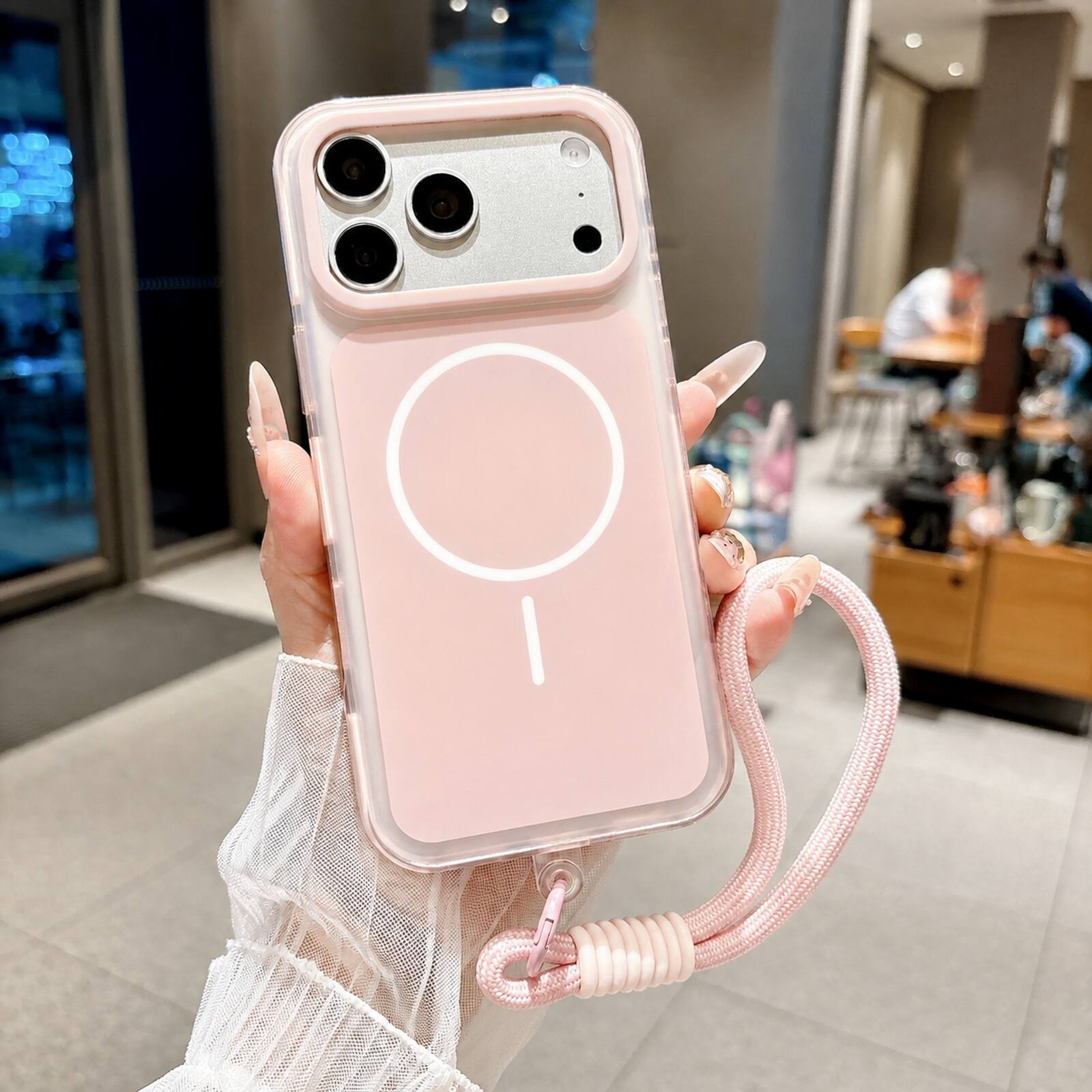 Angle. Dteck - For Apple iPhone 18 Pro Magnetic Case Compatible With Magsafe Shockproof Rugged PC Cover With Wrist Strap - Pink.