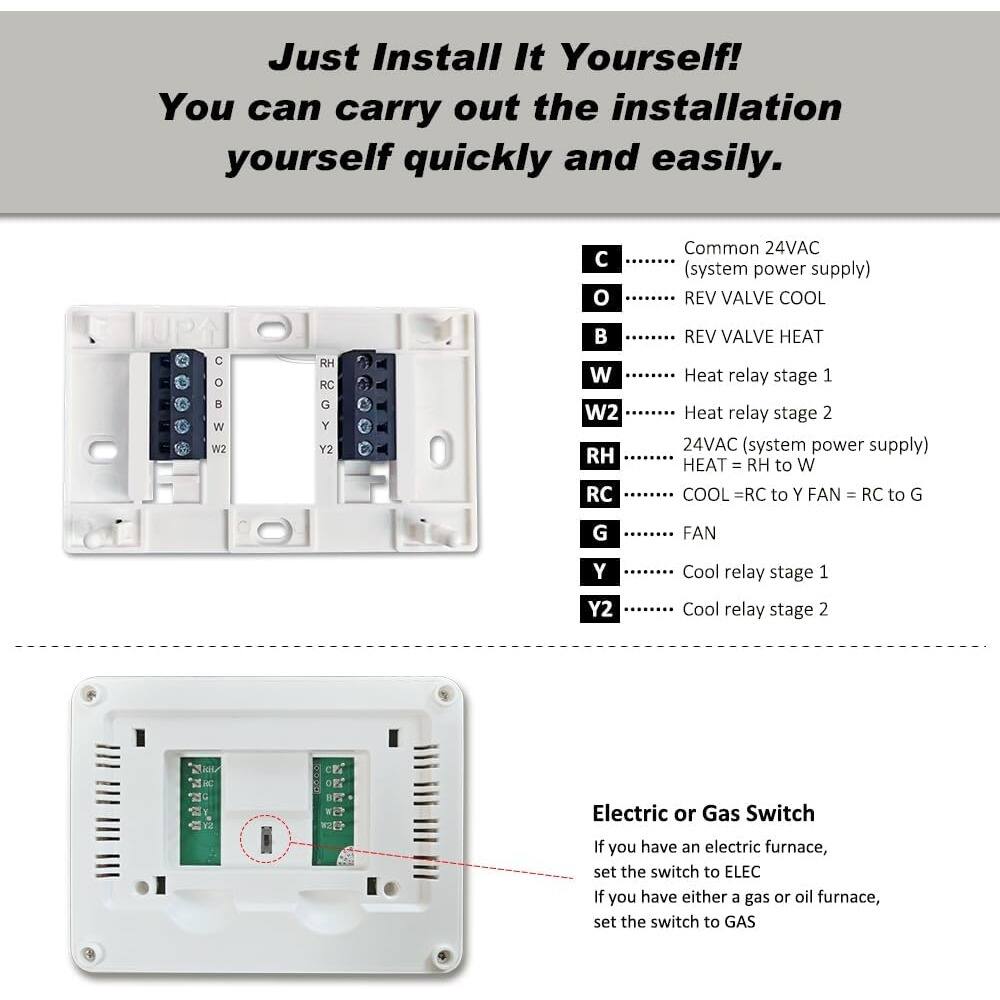 Just Install It Yourself!  
You can carry out the installation yourself quickly and easily.

- C: Common 24VAC (system power supply)
- O: REV VALVE COOL
- B: REV VALVE HEAT
- W: Heat relay stage 1
- W2: Heat relay stage 2
- RH: 24VAC (system power supply)
- RC: HEAT = RH to W
- G: COOL = RC to Y
- FAN = RC to G
- Y: Cool relay stage 1
- Y2: Cool relay stage 2

Electric or Gas Switch  
If you have an electric furnace, set the switch to ELEC  
If you have either a gas or oil furnace, set the switch to GAS