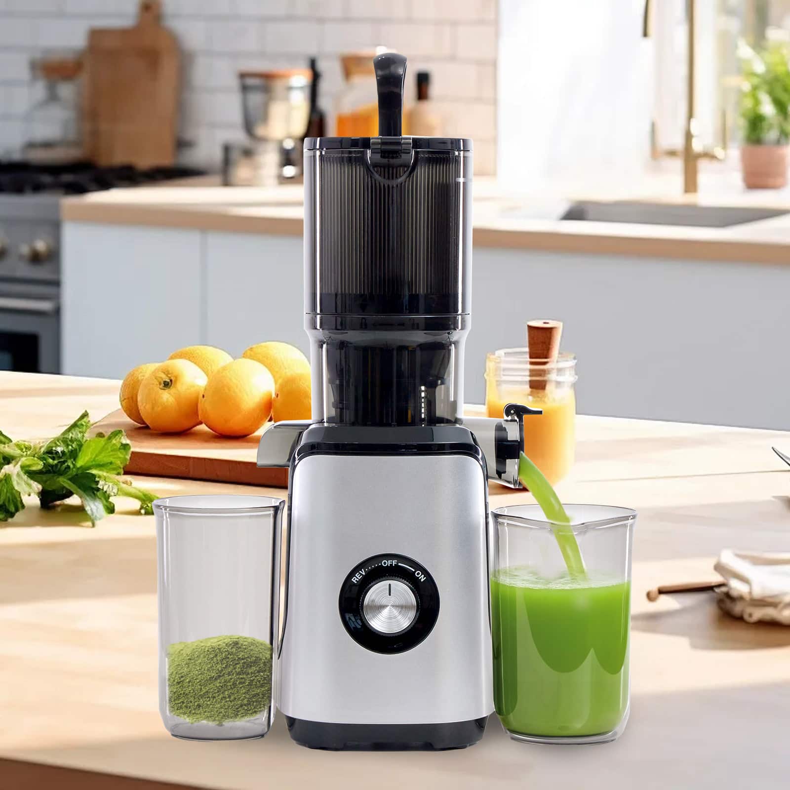 Bestier - Cold Press Juicer with Wide Feed Chute, Slow Masticating Juicer for Whole Fruits and Vegetables, Easy to Clean - Silver