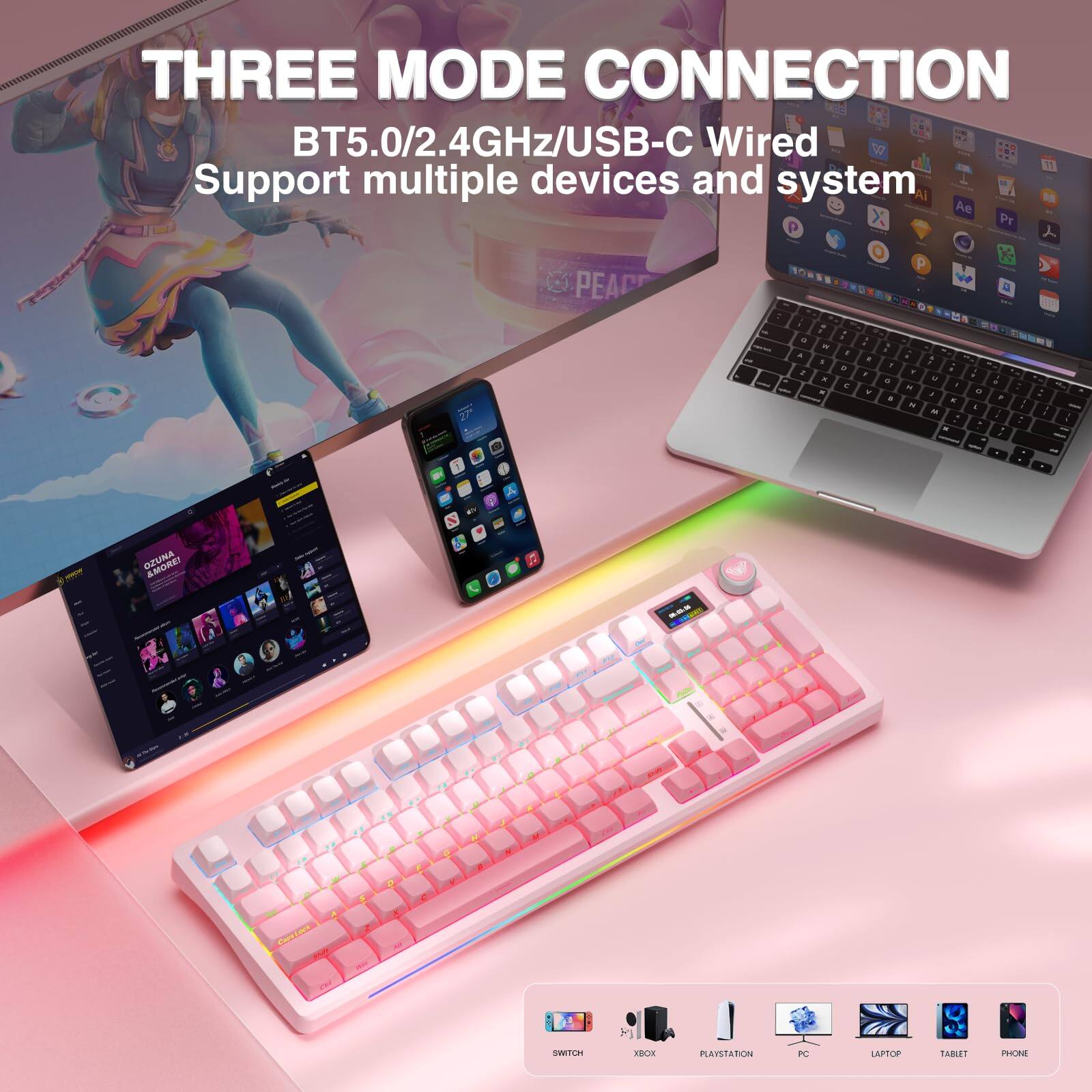 THREE MODE CONNECTION  
BT5.0/2.4GHz/USB-C Wired  
Support multiple devices and system