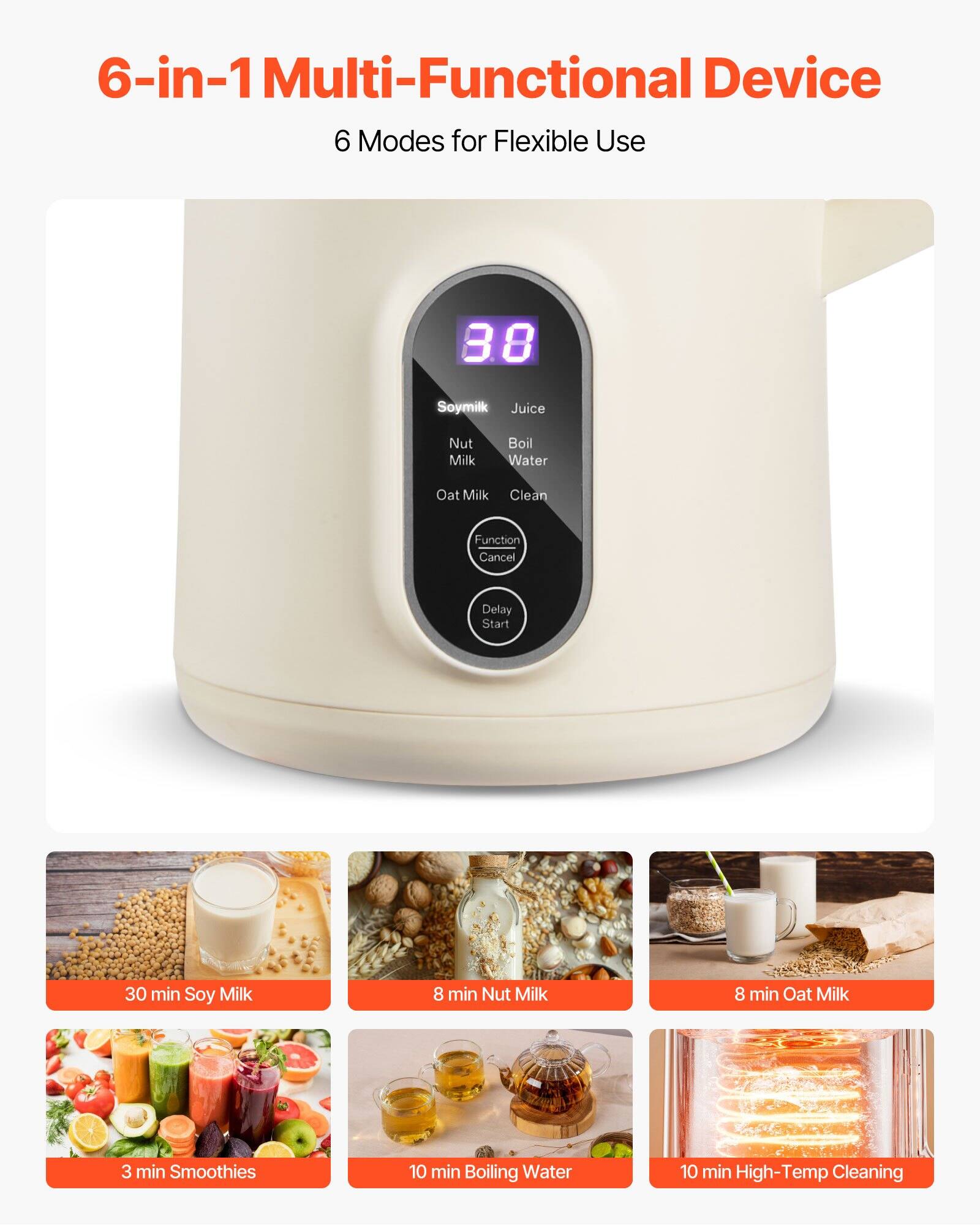 6-in-1 Multi-Functional Device  
6 Modes for Flexible Use  

- Soy Milk  
- Juice  
- Nut Milk  
- Boil Water  
- Oat Milk  
- Clean  

Function Cancel  
Delay Start  

30 min Soy Milk  
8 min Nut Milk  
8 min Oat Milk  
3 min Smoothies  
10 min Boiling Water  
10 min High-Temp Cleaning