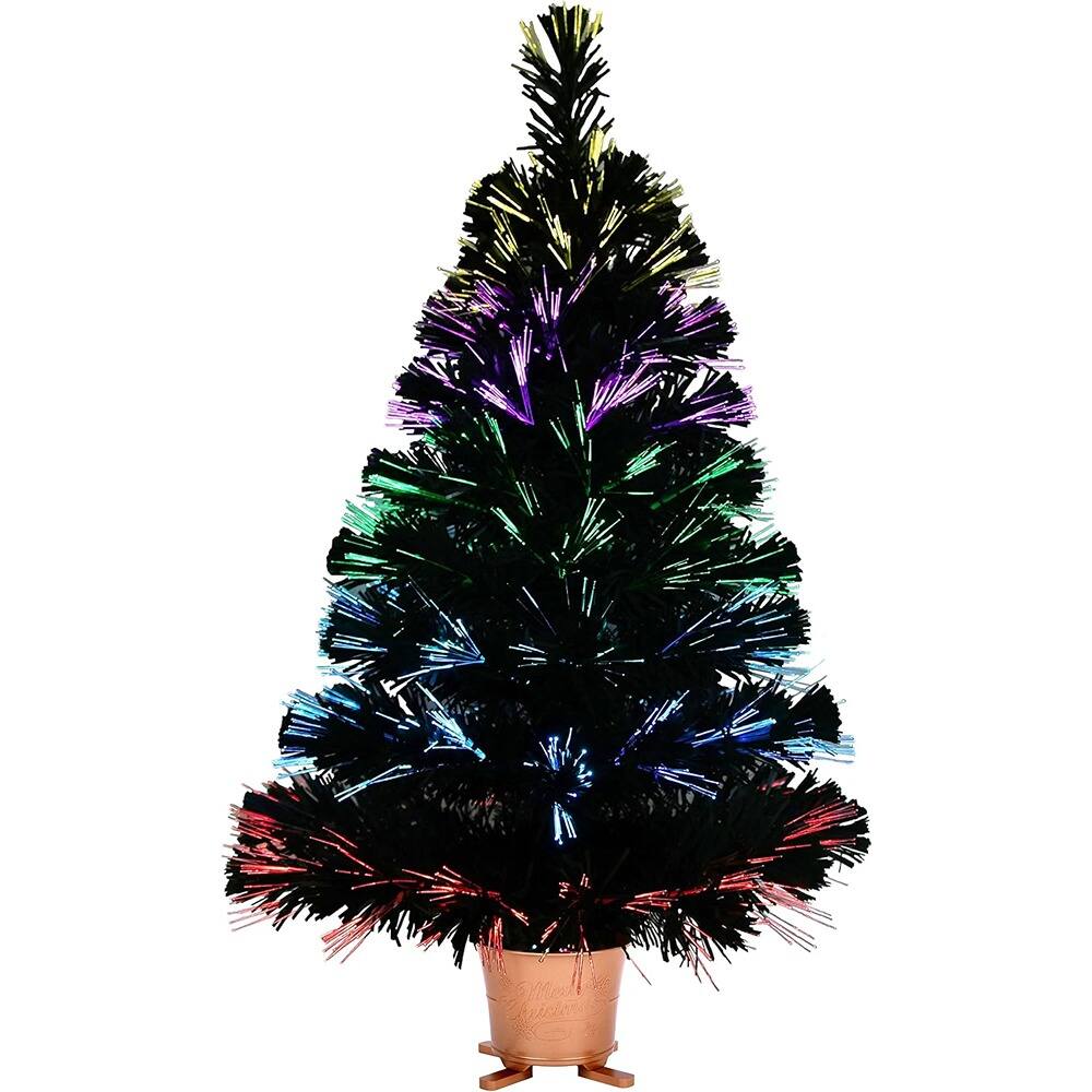Front. RTMB - 32" 5-Layer Fiber Optic Tabletop Christmas Tree with LED Light Show, Gold Pot, and Power Adapter - Green.