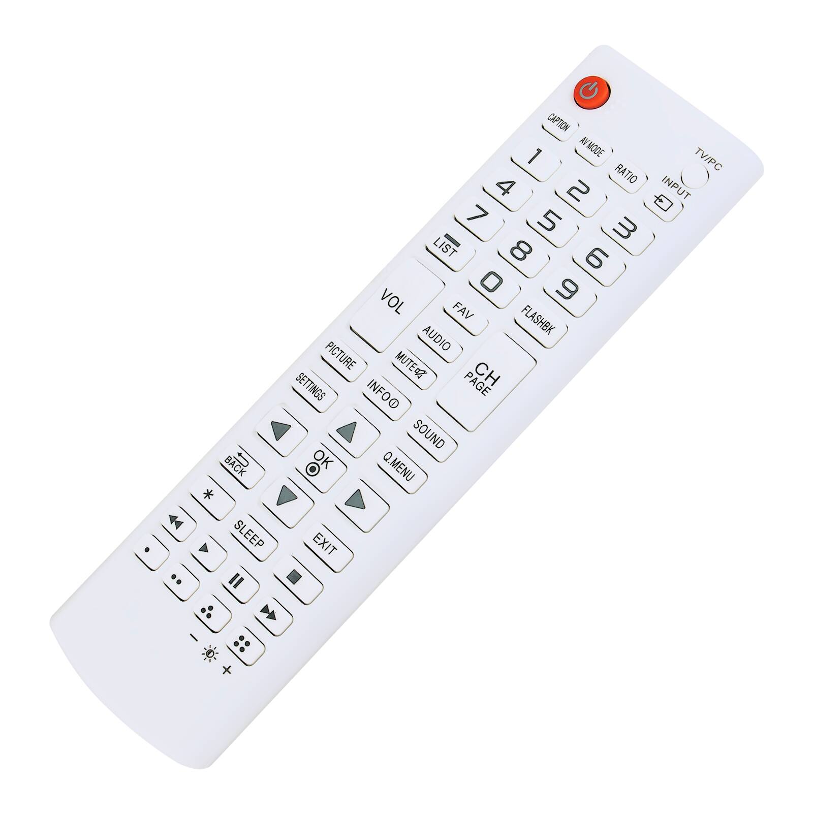 Sure, here is the corrected and grouped text from the image:

- **Top Section:**
  - CAPTION
  - AU MODE
  - TV/PC
  - RATIO
  - INPUT

- **Number Pad:**
  - 1
  - 2
  - 3
  - 4
  - 5
  - 6
  - 7
  - 8
  - 9
  - 0

- **Buttons:**
  - LIST
  - FAV
  - FLASHBK
  - AUDIO
  - PICTURE
  - MUTE
  - VOL
  - CH
  - PAGE
  - INFO
  - SOUND
  - OK
  - Q.MENU
  - EXIT

- **Bottom Section:**
  - SETTINGS
  - PICTURE
  - AUDIO
  - INFO
  - SOUND
  - OK
  - Q.MENU
  - EXIT

- **Additional Buttons:**
  - BACK
  - SLEEP
  - EXIT
  - VOL DOWN
  - VOL UP
  - MUTE
  - CH DOWN
  - CH UP
  - MENU
