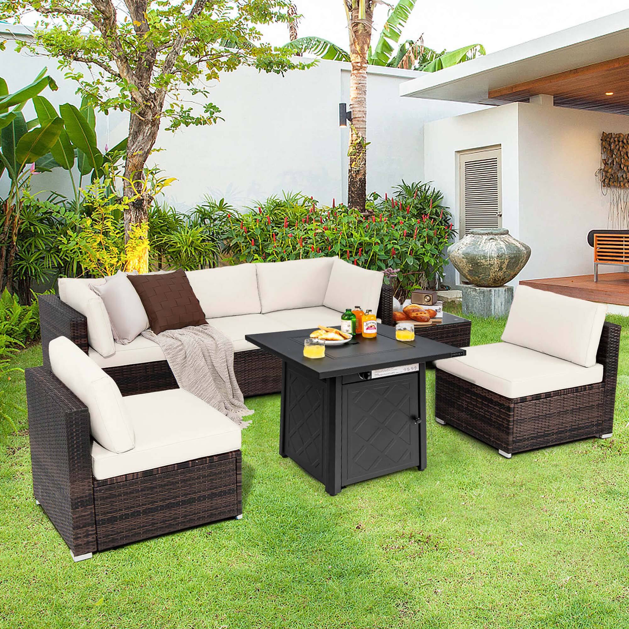 Alt View 3. Costway - 7 PCS Patio Furniture Set with 28" 50000 BTU Propane Gas Fire Pit Table Cushions - Off White.