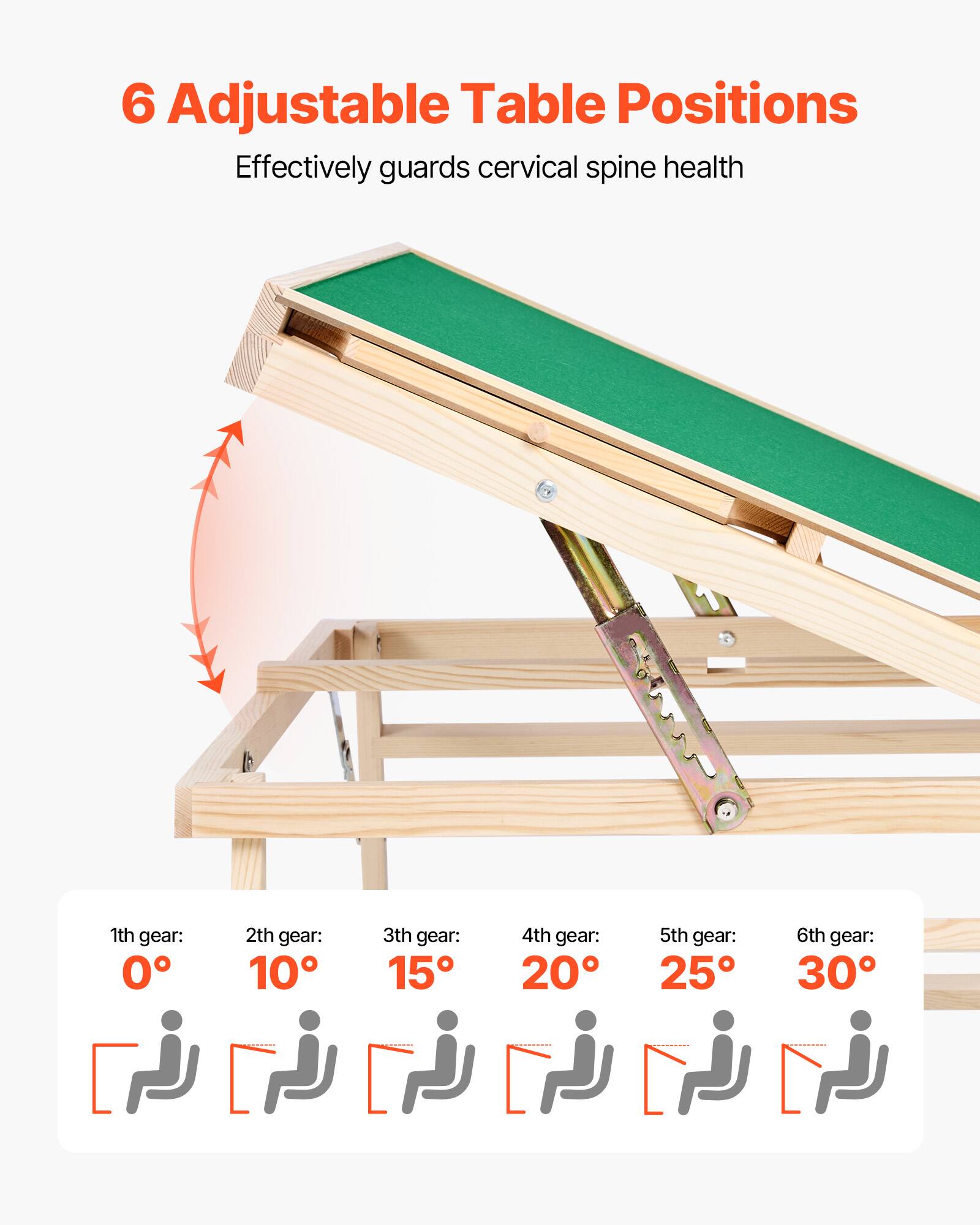 6 Adjustable Table Positions Effectively guards cervical spine health 1th gear: 0° 2th gear: 10° 3th gear: 15° 4th gear: 20° 5th gear: 25° 6th gear: 30°