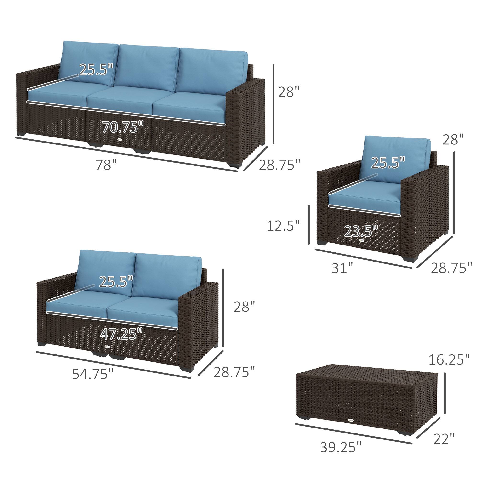 The sofa: 25.5", 28", 70.75", 78", 28.75"
The armchair: 25.5", 28", 23.5", 31", 28.75"
The ottoman: 16.25", 39.25", 22"
