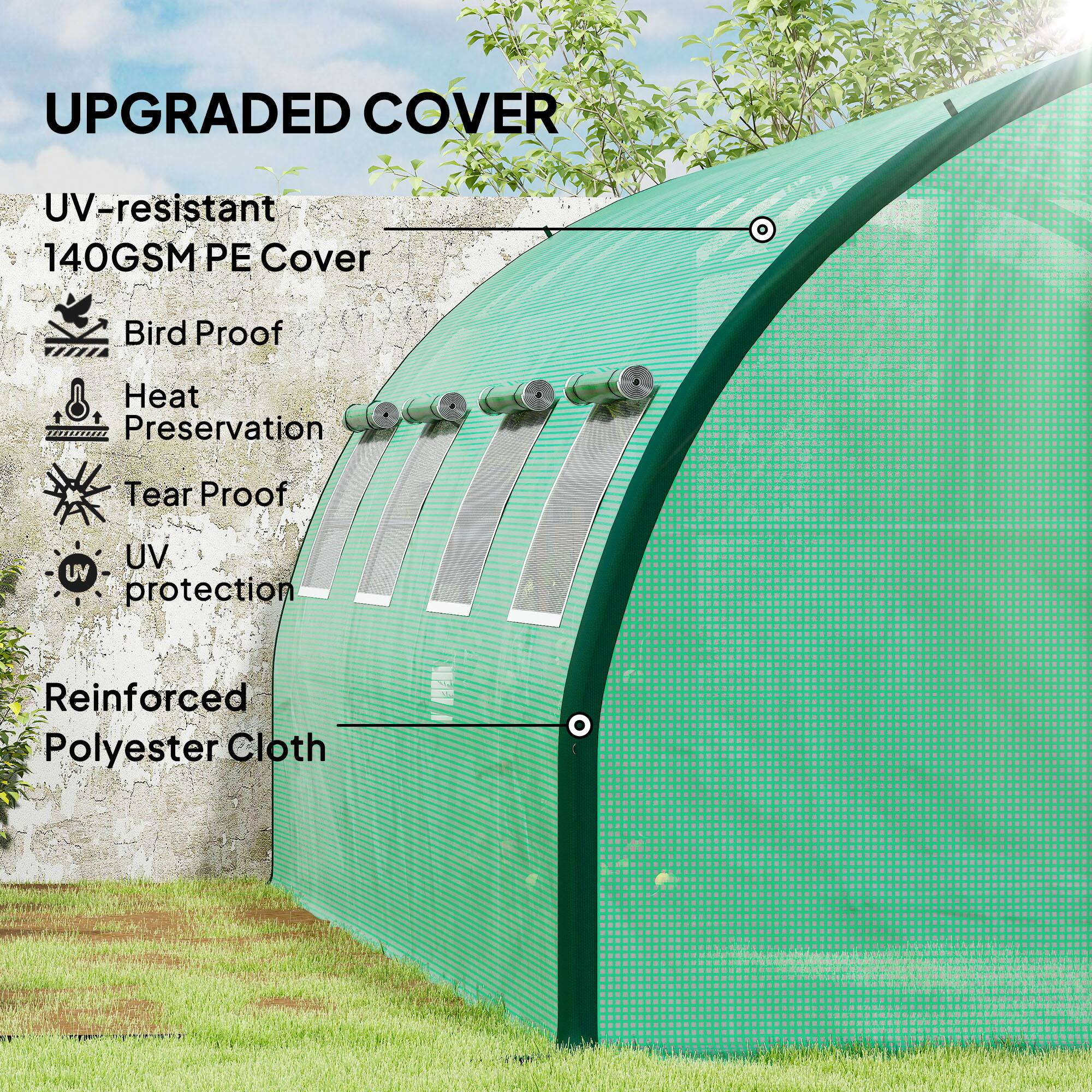 UPGRADED COVER

- UV-resistant
- 140GSM PE Cover
- Bird Proof
- Heat Preservation
- Tear Proof
- UV protection
- Reinforced Polyester Cloth
